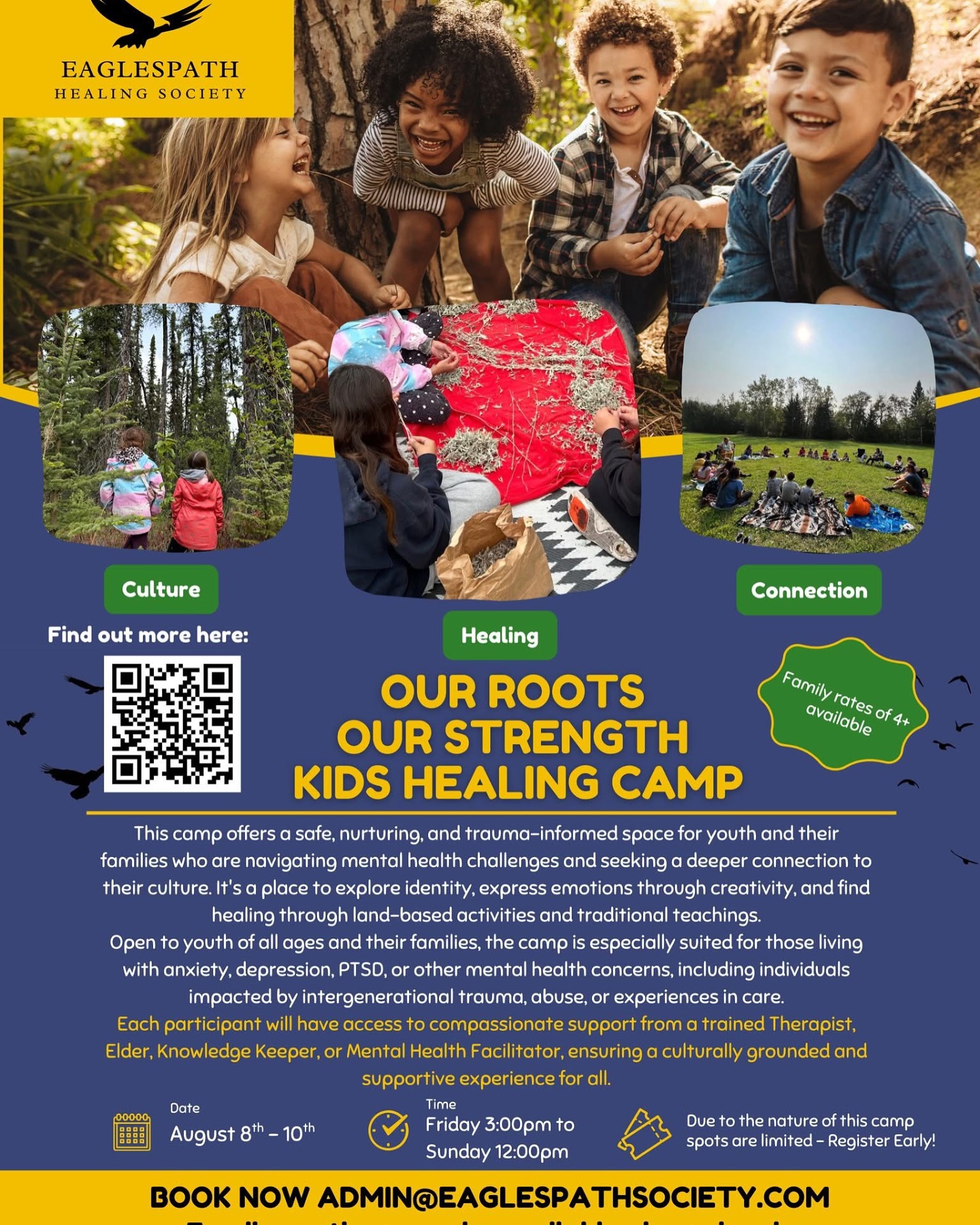 🌿 Kids Healing Camp – A Journey of Culture, Connection & Care 🌿
📅 August 8–10, 2025
📍 Location: Goodfare, AB
📌 Registration is now open!
This unique camp offers a safe, nurturing, and trauma-informed space for youth and their families who are navigating mental health challenges and seeking a deeper connection.
✨ Through land-based activities, creativity, and community, youth will have the chance to:
🔹 Explore their identity
🔹 Express their emotions
🔹 Reconnect with culture and self
Open to youth of all ages and their families, this camp is especially suited for those living with anxiety, depression, PTSD, or impacted by intergenerational trauma, abuse, or time in care.
💛 Each participant will be supported by a trained Therapist, Elder, Knowledge Keeper, or Mental Health Facilitator to ensure a culturally grounded and healing experience.
👉 Register now: https://docs.google.com/forms/d/e/1FAIpQLSdYrIZiK9i2D4Ur33tr07WJ-wDbdEkeLje897PXBI5kOOhpEg/viewform
#KidsHealingCamp #IndigenousWellness #TraumaInformedCare #CulturalConnection #LandBasedHealing #HealingTogether