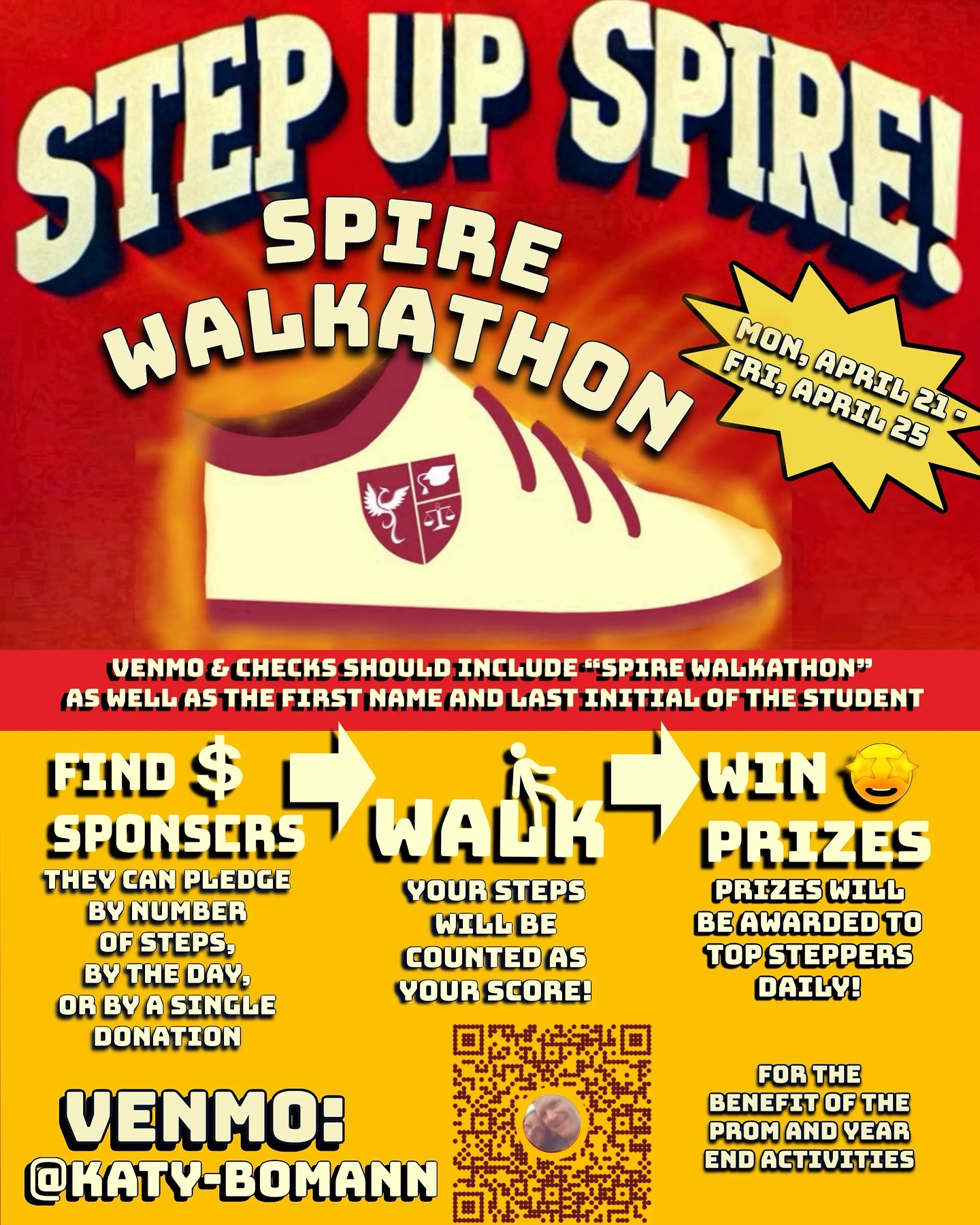 REMINDER SPIRE STUDENTS📣‼️ Get your steps in to help raise money for Prom and the opportunity to win prizes🚶🏻🥳
.
.
.
#walkathon #fundraiser #fairfieldcounty #westchestercounty #connecticut #connecticutschools #privateschool #privatemiddleschool #privatehighschool #therapeuticschool #therapeuticdayschool #specialeducation #bethelct #brookfieldct #darienct #fairfieldct #greenwichct #reddingct #newcanaanct #norwalkct #ridgefieldct #stamfordct #westonct #westportct