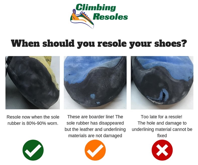 The perfect time to send your shoes in for a resole is before the sole rubber disappears. If you are climbing on the rand rubber, then you will likely need a rand repair as well (even if there are no holes). The rand rubber is generally 1.8-2.4mm thick and is softer than the sole rubber. We will feel the rands when your shoes are in our workshop and if they are soft then they will need to be replaced.