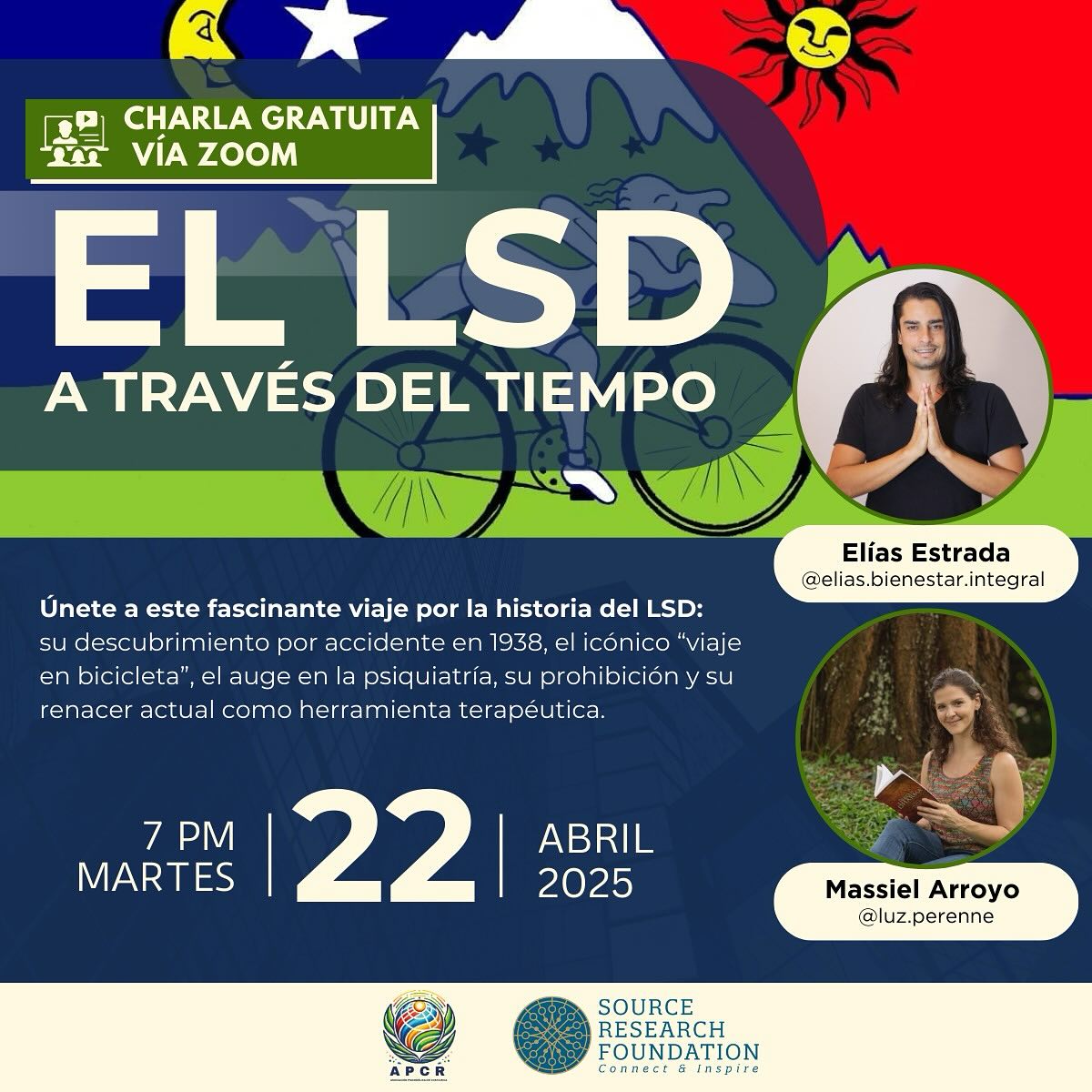 🌈 Charla gratuita: 🚲 En el mes del Día de la Bicicleta
🚲 Recordamos aquel 19 de abril de 1943 cuando Albert Hofmann pedaleó por las calles de Basilea mientras experimentaba el primer viaje de LSD de la historia.
Un viaje que no solo transformó su percepción del mundo, sino que también marcó el inicio de una nueva era en la investigación de la mente humana.
🧠 Hoy, más de 80 años después, nos encontramos frente a un renacer: el LSD y otros psicodélicos clásicos regresan a escena como herramientas terapéuticas con un enorme potencial para tratar ansiedad, depresión, TEPT y más.
💬 En esta charla abrimos un espacio honesto y necesario para repensar nuestros prejuicios sobre estas sustancias y su posible uso terapéutico.
📅 Martes 22 de abril
🕖 7:00 p.m. (hora CR/GT)
📍 Online por Zoom
🎟️ Regístrate aquí: https://us06web.zoom.us/meeting/register/7NwDc6KuQiCVFvPZsYUWNQ (link in bio)
✨ Un espacio para cuestionar, aprender y abrir nuevas posibilidades de comprensión.
¡Te esperamos!