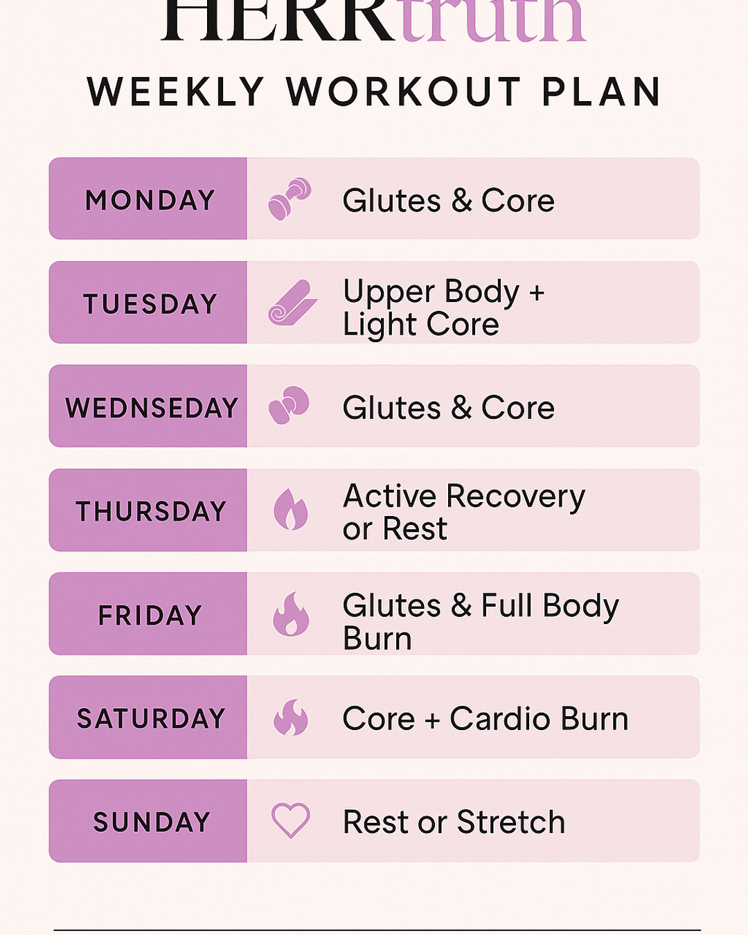 Summer is in 60 daysāletās get ready from the inside out! ššŖš¾
This Weekly Workout Plan is designed to help you tone your core, grow your glutes, and burn fatāone sweat session at a time!
Whether youāre at home or in the gym, this schedule keeps you consistent, strong, and focused on your goals.
But remember, wellness is more than just the workoutāprioritize rest, hydrate, nourish your body, and give yourself grace.
Letās make every rep (and every moment of self-care) count, queens!
#HERRtruthWellness #GlutesAndGlow #SelfCareSeason #MindBodyGoals #SummerStrong