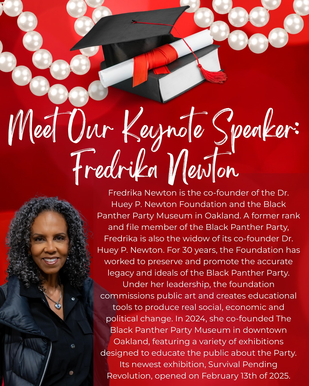 We are honored to welcome @fredrikanewton as our keynote speaker! Fredrika Newton is the co-founder of the Dr. Huey P. Newton Foundation and the Black Panther Party Museum in Oakland. A former rank and file member of the Black Panther Party, Fredrika is also the widow of its co-founder Dr. Huey P. Newton.
Learn more about the Black Panther Party’s revolutionary educational resources at the scholarship brunch, June 21st.
Early bird tickets still available until April 30th!
🔗sfacdst.com/events
#fredrikanewton #scholarshipbrunch #keynote