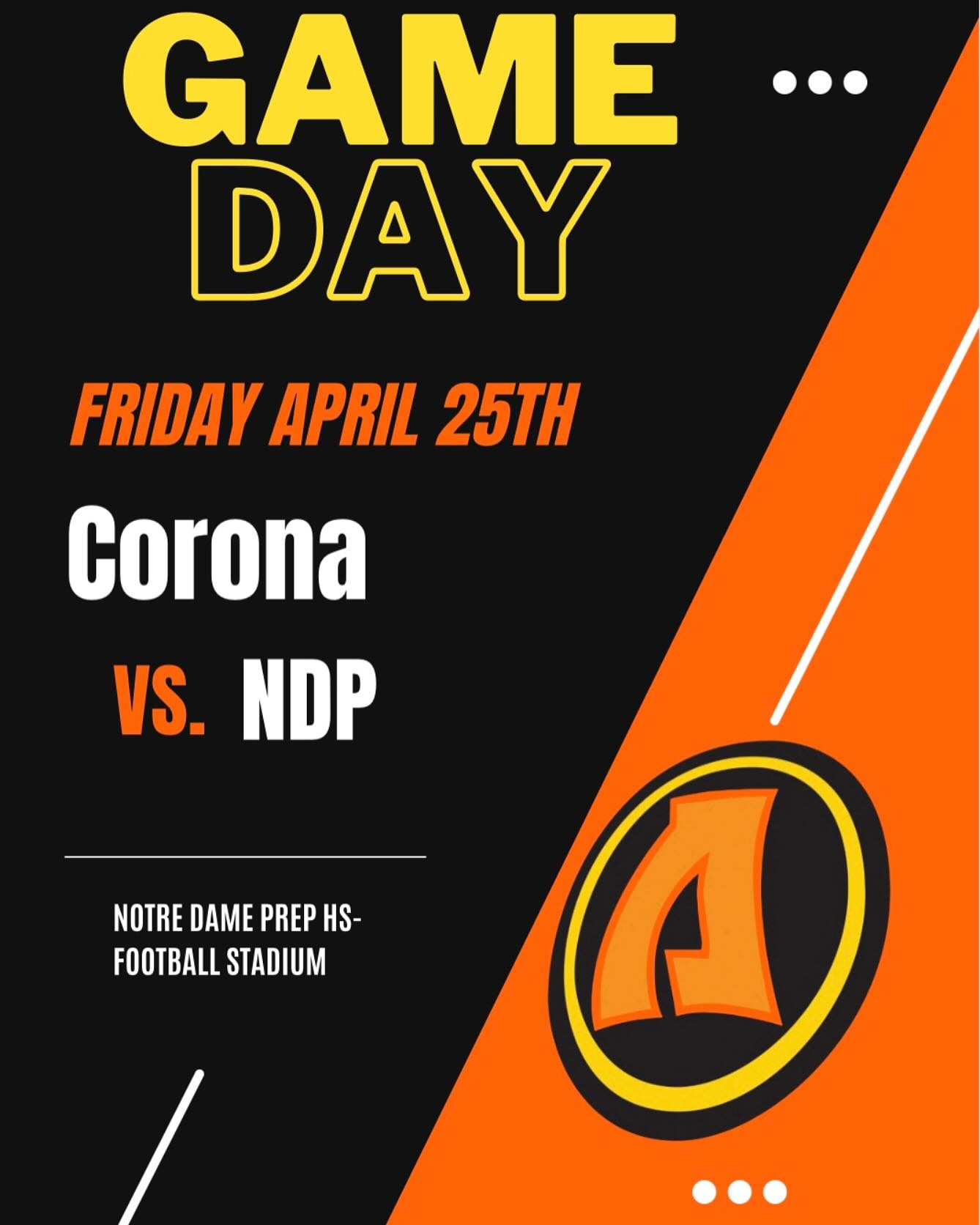 Today the Aztecs take on NDP to close out our regular season!
JV game starts at 5:00pm
Varsity games starts at 7:00 pm
Notre Dame Prep HS- Football Stadium
9701 E Bell Rd
Scottsdale, AZ 85260
Go Aztecs!! 🧡🖤