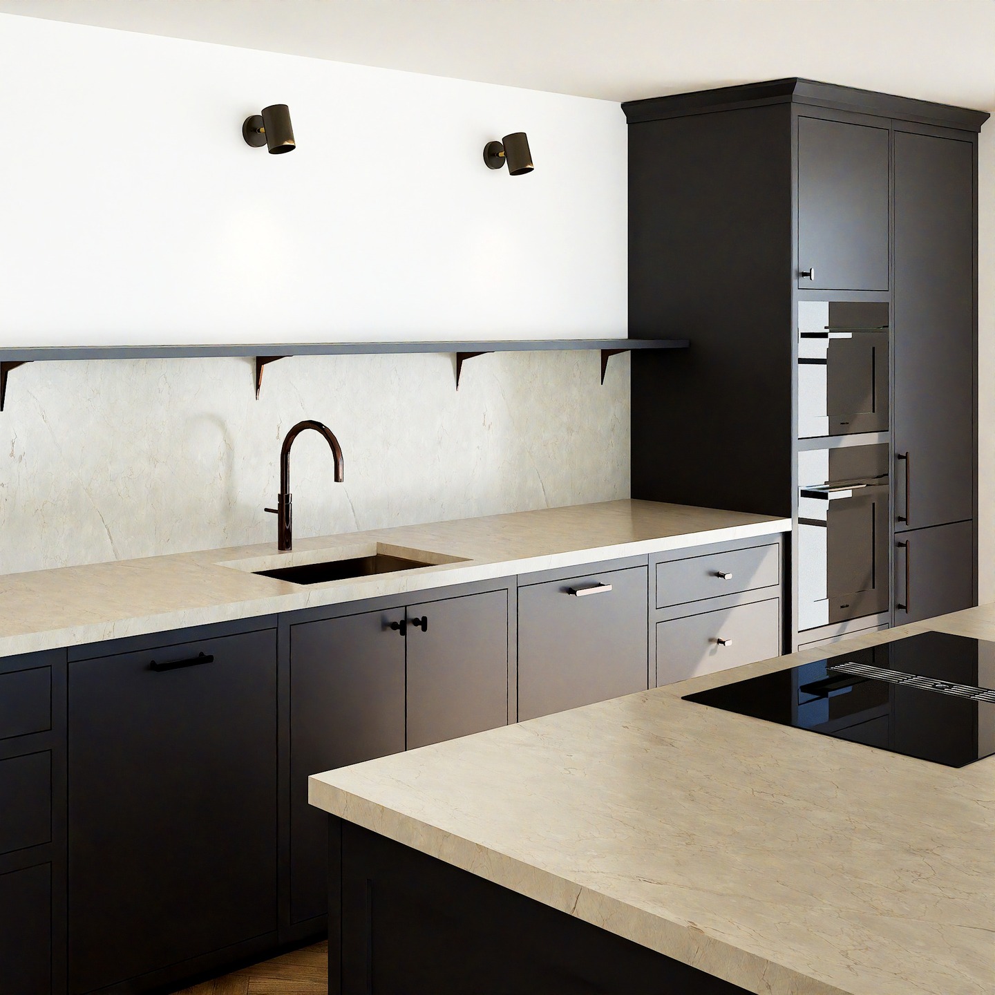 A contemporary kitchen doesn’t have to mean flat, handleless doors. For a more bespoke feel, I love using in-frame (inset) slab doors paired with sleek, carefully placed handles. But never bar handles everywhere! I also steer clear of glossy paint finishes, as they can cheapen the overall look. Instead, I go for satin or low-lustre finishes for a more refined feel. This design features cabinetry in Little Greene Paint Company's 'Lamp Black' with Corston bronze handles and Crema Marfil marble worktops to complete the look.
.
.
.
#bespokekitchen #bespokekitchendesign #modernkitchendesign #modernkitchenideas #contemporarykitchens #dubaikitchen #dubairenovation #dubaihomes #interiordesigndubai #marblecountertops #littlegreene #corston #quooker #gunmetal