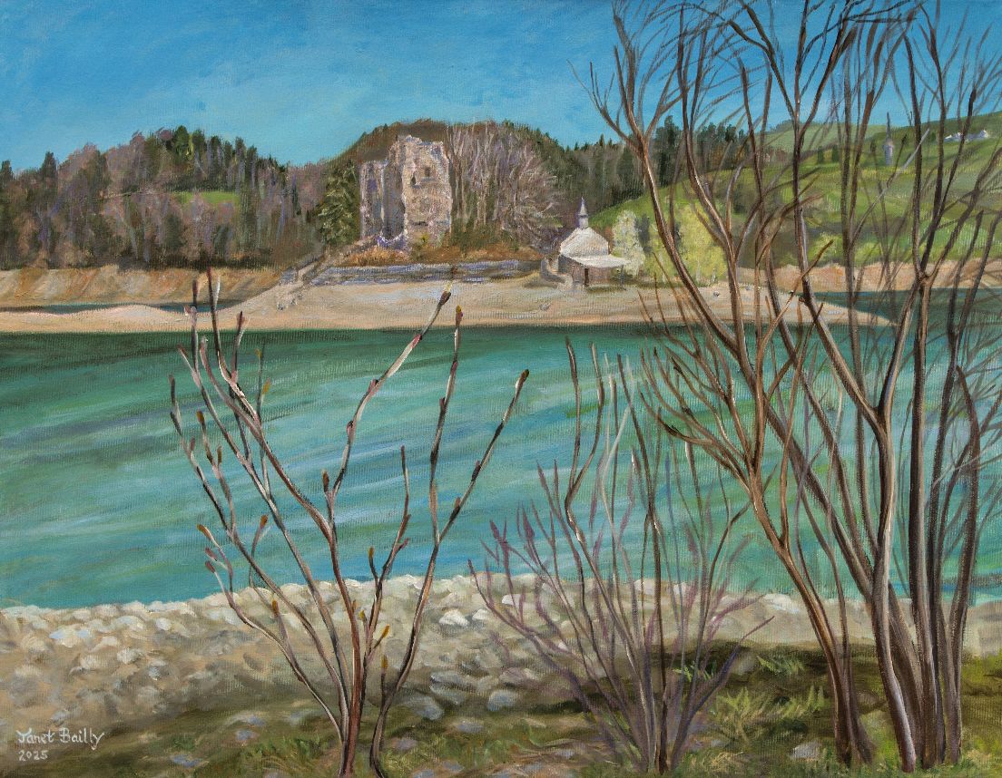 My new painting of the Ile d'Ogoz, Lake of Gruyère, Switzerland! Completed in my studio after painting en plein air on the Ile des Oiseaux, which you can only walk to at this time of the year when the lake is low. The painting is 70 x 90 cm. The water level is now rising again so that's it for this year!