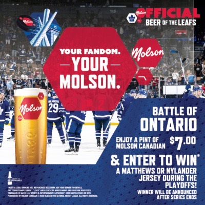 Hello Leafs nation! Join us for the battle of Ontario as the Leafs take on the Senators, series start Sunday, Game 1 at 7:00pm. Enjoy a pint of Molson Canadian for $7.00 during the games and enter for your chance to win 1 of 2 jerseys! Book your table as reservations are starting to fill up.