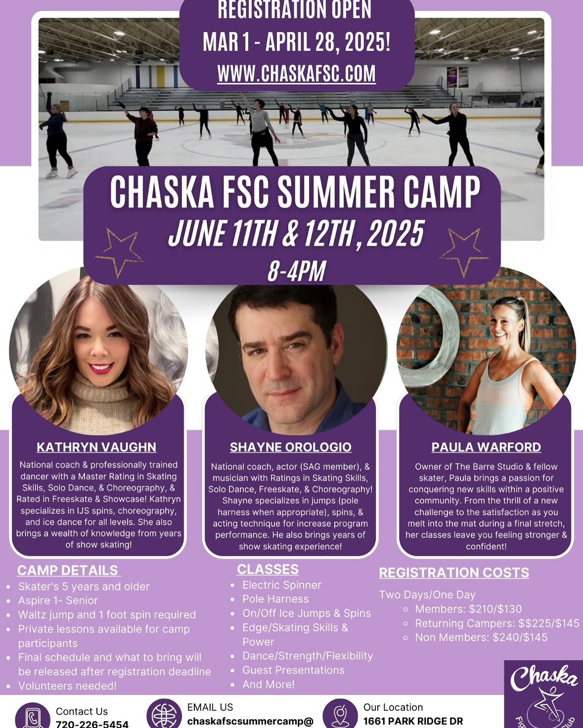 Join us for two great days of camp June 11 & 12! Spots are filling up and registration will close by April 28! New this year is an adult half day camp on June 11th!
#usfigureskating #summercamp #chaskafsc #adultsskatetoo #figureskate #figureskating