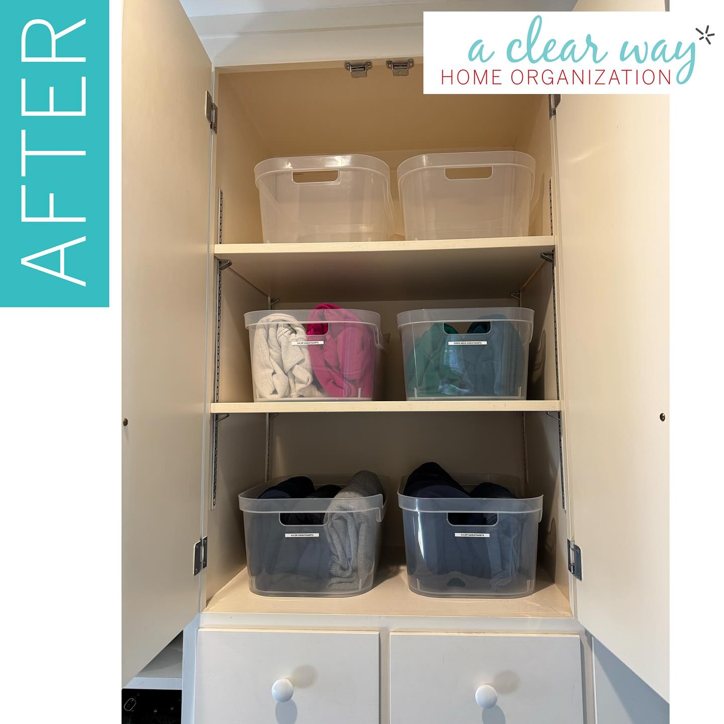 This is what happens when you try to store clothing items on shelves by stacking them. It just doesn’t work! It’s better to create “drawers” by placing containers you can easily pull in and out — and arranging clothes in each container where you can see every item at once.
It’s up to you if you want clear containers so you can see what’s there, or if you want to hide and use labels. Whatever works for you!
Drawer dividers and fabric bins rounded out this wardrobe purge and closet organization. My client loved the small labels inside the drawers so helpers would know where to put clean clothes.