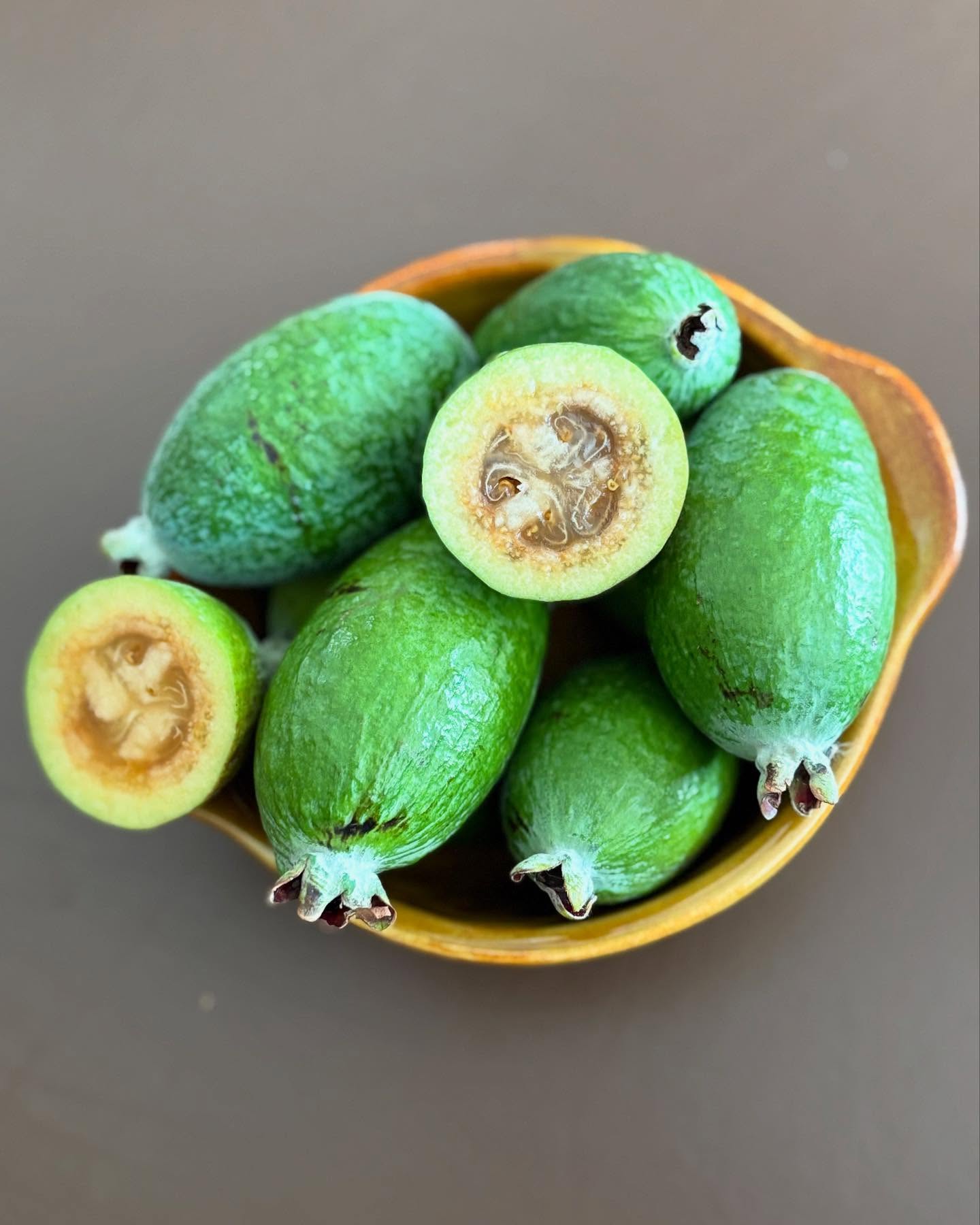 Feijoas - a super fruit we love (or so we’re told)!
Widely grown here but the Feijoa actually comes from Brazil and Uruguay. Rich in Vitamin C, Potassium and Magnesium. Available now through to June. Enjoy as winter fast approaches!