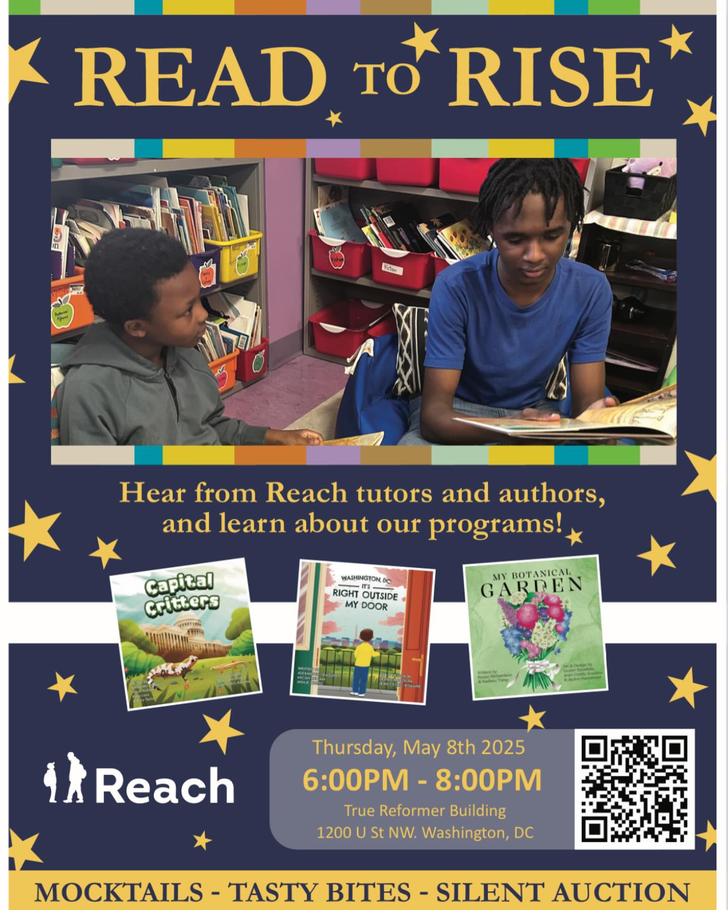 Have you heard about Reach’s Read to Rise event? 📚🌟
Join us on May 8th for a celebratory evening in support of Reach programs and the opportunity to connect with the Reach community! You can register or support by scanning the QR Code.
Stay tuned for our online auction which opens up on May 1!