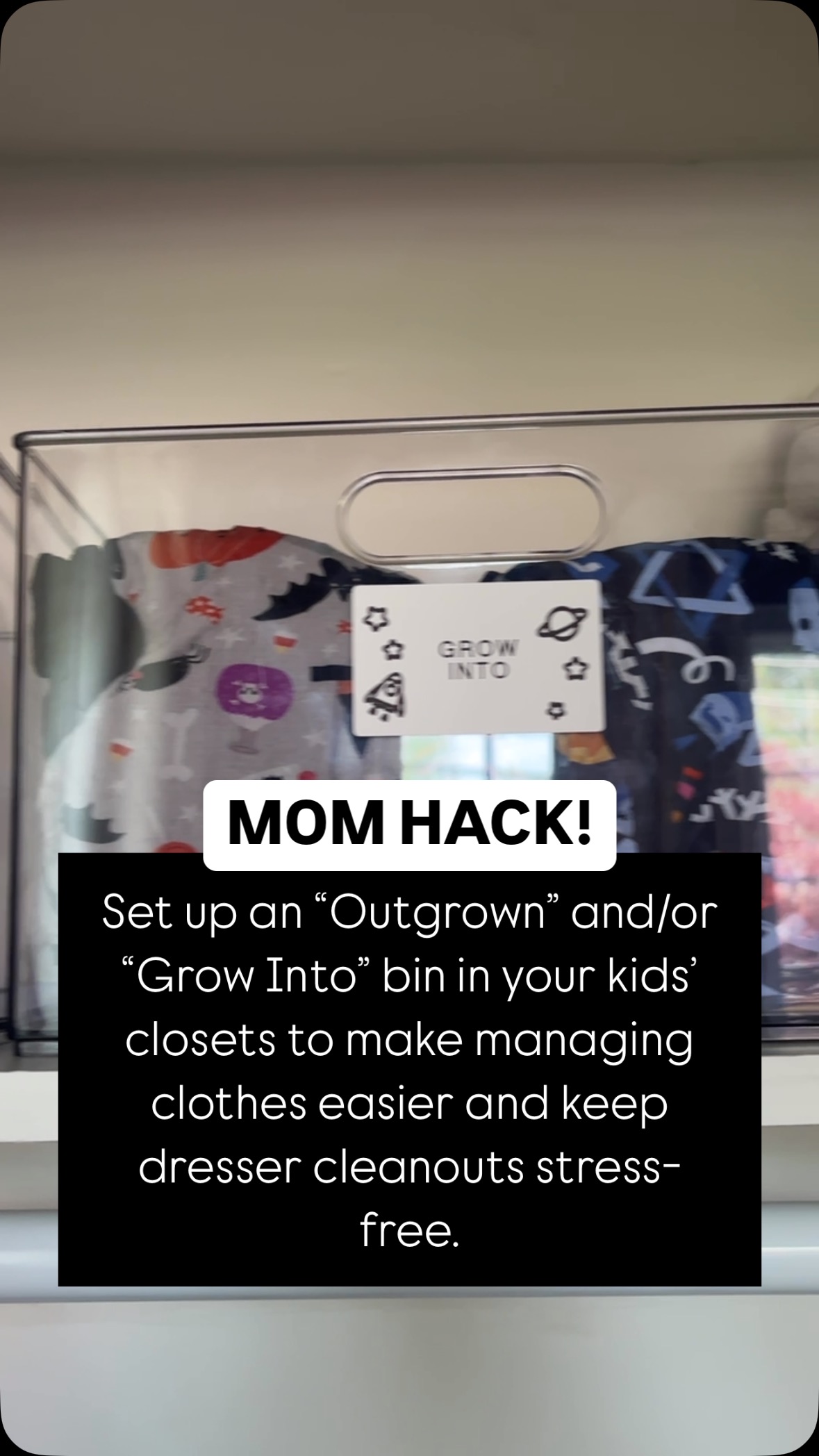 #momhack Set up an “Outgrown” and/or “Grow Into” bin in your kids’ closets to make managing clothes easier and keep dresser cleanouts stress-free. #mainlinemoms #mainlinepa #organizedhome #organizedlife #organizedmom #organizingthemainline #organizedhouse