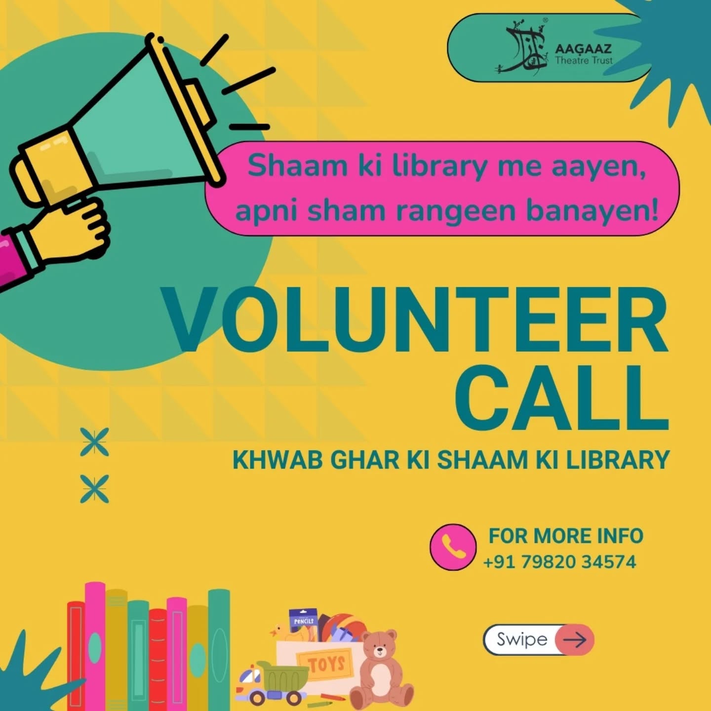 Volunteering at our Sham ki Library is a wonderful opportunity for anyone who enjoys working with children, is passionate about free public libraries, or even just looking to fill their evenings with learning and play! Reach out to us if this excites you, and share this widely with everyone you know.
--
Reminder that our fundraiser is still on, and we are just a little short of our goal amount! Click on the link in our bio to donate 💜
--
#freelibrary #community #volunteer