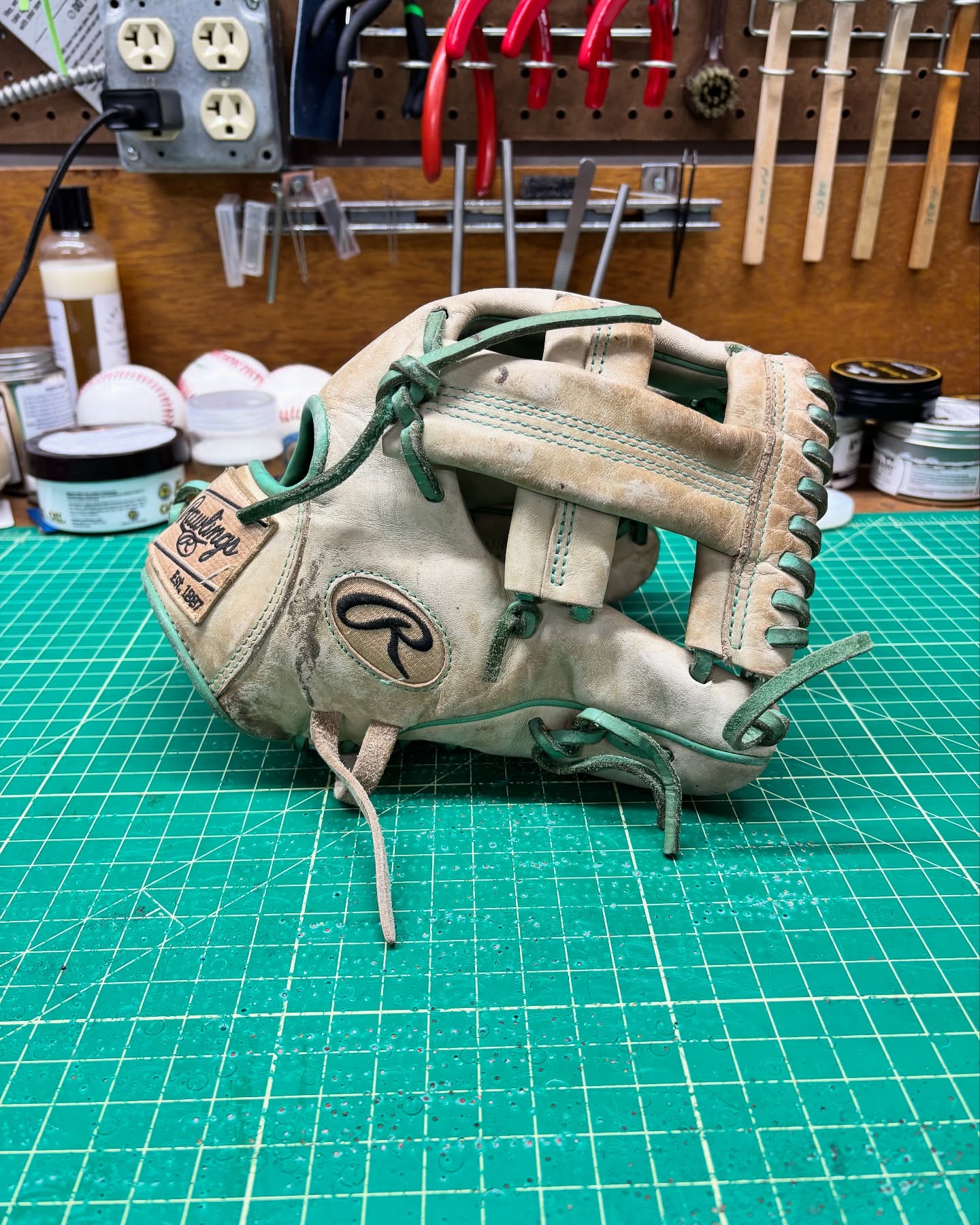 A well used/loved Rawlings hit the work bench and got the full work up including a splash of different color laces. Cleaned up nice with @azglovelab cleaner and refreshed with some conditioner. Ready for many more seasons. Thank you for trusting me with your glove👍👍
#relacednotreplaced #relacedontreplace #buyfastpitchgloves #coloradoleatherbalm #ballplayersbalm #makingyourglovegreatagain #staygrassy