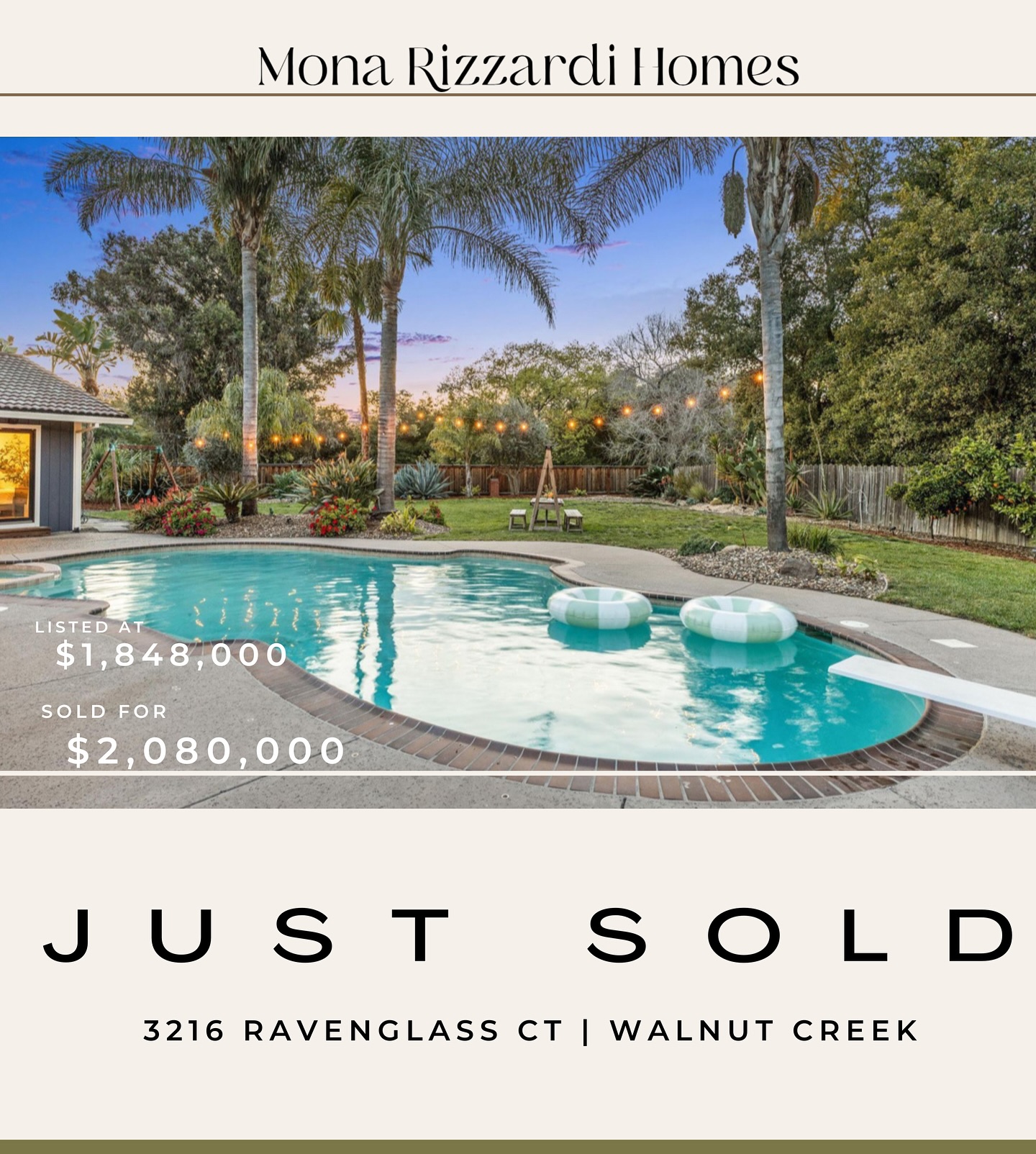 JUST SOLD - $232,000 OVER the list price with 5 offers for $2,080,000! Congrats to my clients, the sellers of this true Paradise in Northgate 🌴, and congrats to the buyers who get to enjoy it!
3216 Ravenglass Court
Walnut Creek, CA
List Price $1,848,000
Sold Price $2,080,000
4 Bedrooms
2.5 Bathrooms
2,256 ± SF
0.39 ± Acre Lot
2 Car Attached Garage
Pool/Spa Combo
www.3216Ravenglass.Com
Link in bio
Thank you @nicoleschickcreative for the beautiful staging!
Mona Rizzardi
Christie’s International Real Estate Sereno
Mona@monarizzardihomes.com
Monarizzardihomes.com
(415) 672-1020
DRE 01968834
#justsold #paradiseinnorthgate #realestatepartner #Interiordecorator #dooropener #dealcloser #Sereno #Christiesrealestate #christiesrealestatesereno #eastbayrealestate #walnutcreekrealtor #walnutcreekrealestate #pleasanthillrealtor #lafayetterealtor #alamorealtor #concordrealtor #claytonrealtor #danvillerealtor #monarizzardihomes