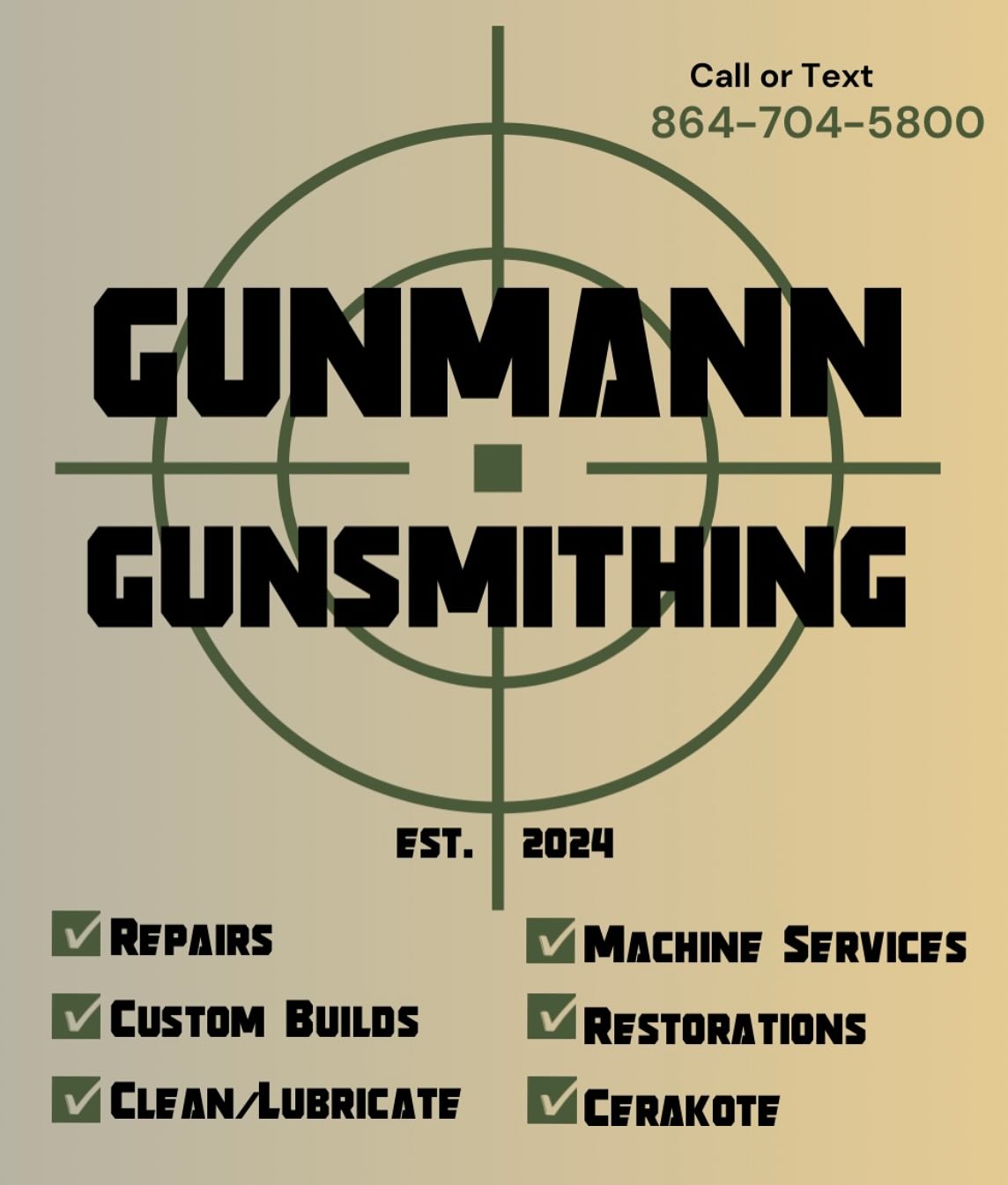 Machine Services: Barrel Threading, Drill/Tap, Serration Cuts, Porting, Dovetail Cuts, etc.
Restorations (Rust removal, Stock refinish, Metal refinish)
Repairs, Cerakote, Cleaning/Lubrication