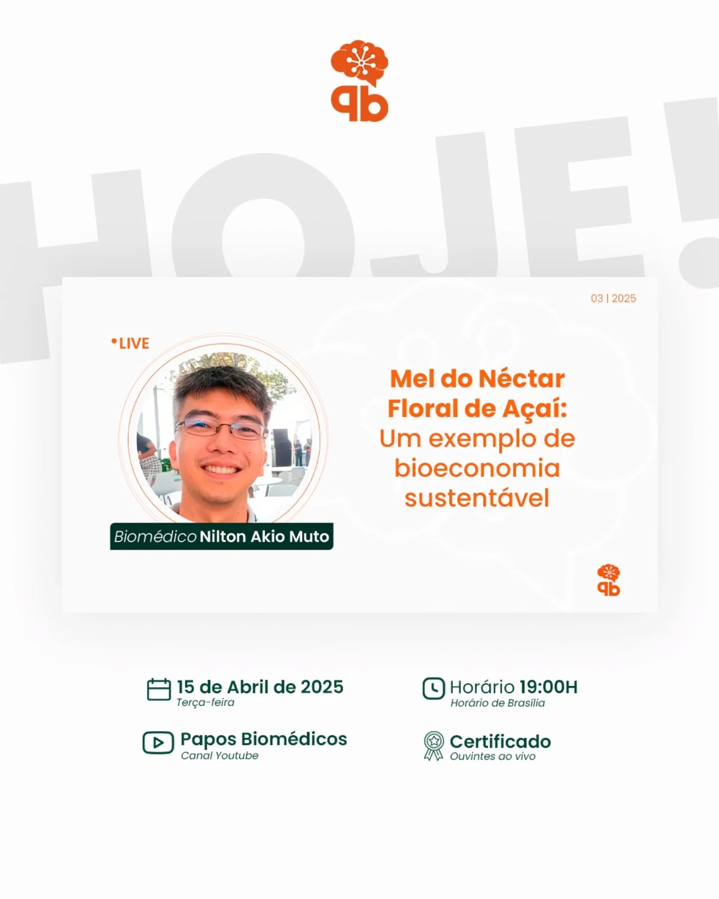 É hoje nossa Live com o Biomédico Nilton Akio Muto! Vamos bater um papo sobre bioeconomia sustentável através do Mel do Néctar Floral de Açaí.
Aguardamos sua presença
✏️ Certificado para ouvintes ao vivo.