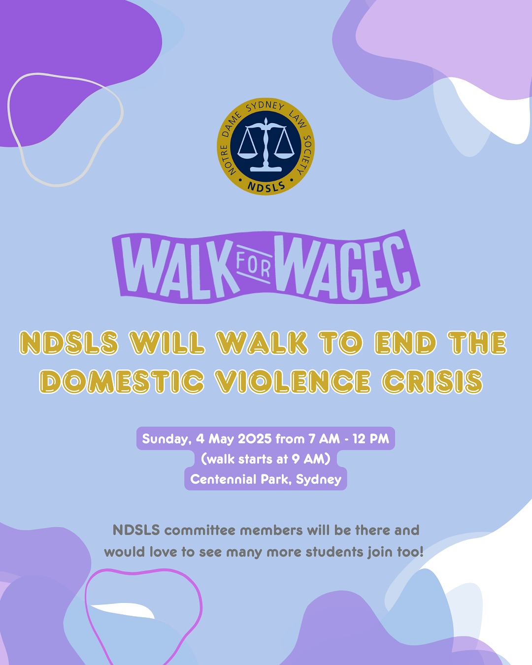 👟 Walk for WAGEC 2025 🏃♂️
Join us for a meaningful morning at Centennial Park on Sunday, May 4th as we walk (or run!) to support the incredible work of the Women’s and Girls’ Emergency Centre (WAGEC) 💜💛
👟 What’s Happening:
A 5km walk or 10km run to raise funds and awareness for WAGEC — a community-based organisation providing crisis accommodation, recovery programs, and violence prevention for women and children facing domestic violence and homelessness.
📍 Where: Centennial Park, Sydney
🕘 When: 7am–12pm | Walk starts at 9am
🎒 What to bring: Hat, water bottle, comfy shoes, and a whole lot of heart 💖
🎯 Goal: Help us reach our $1000 fundraising target! Every step counts.
💸 Registration: $25 — but if cost is a barrier, email us confidentially at socialjustice@ndsls.org or socialjusticeassistant@ndsls.org – we’ve got you!
✨ Let’s walk together for a future free from violence.
👇 Tap the links in bio to register or donate now!