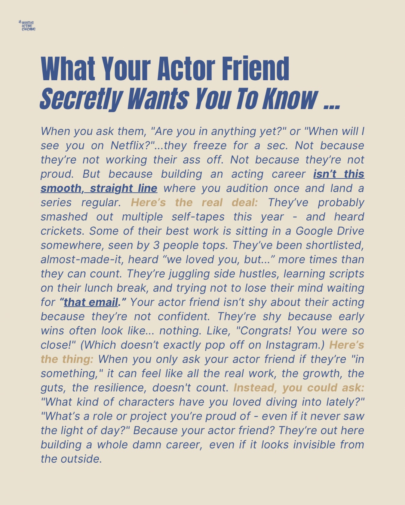 Building an acting career doesn’t happen in one big leap, it happens in a hundred quiet steps no one sees.
This is for every actor doing the invisible work, growing in the gaps, and showing up again and again.
You’re doing more than enough 🫶 #hashtagactingcoaching #onlineactingcoach #onlineactinglessons #youractorfriend