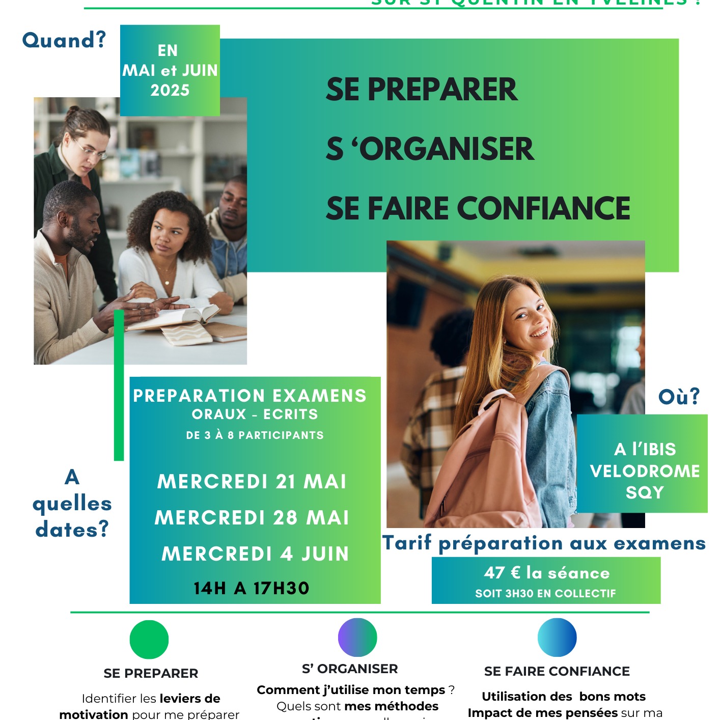 Se préparer à un examen c’est comme un comédien avant de monter sur scène !
POUR QUI ? Elèves de premières et de terminales
POUR QUOI ? Pour le Bac oral et écrit
C'est QUAND ? Au mois de Mai, 3 mercredis aux choix? tout est dit dans l'affiche 🪄
📅 Anticiper le travail à réaliser, s’organiser
🧐 Fractionner les révisions en plusieurs étapes
💪 S’échauffer, travailler tous les jours, répéter,
🤚 Prendre de l’assurance
🥱 Faire des pauses
🫁 Respirer, persévérer, progresser
🙁 Echouer parfois, se relever toujours
Se mettre en mouvement c’est ALLER VERS SA REUSSITE vers les examens écrits et oraux
Alors que ce soit pour toi, tes ami(e)s ou ton ado
Fonce, ce programme t'emmène vers le succès !
Appelle moi , je t'en dirai plus
A très vite pour booster ta confiance en toi !😊