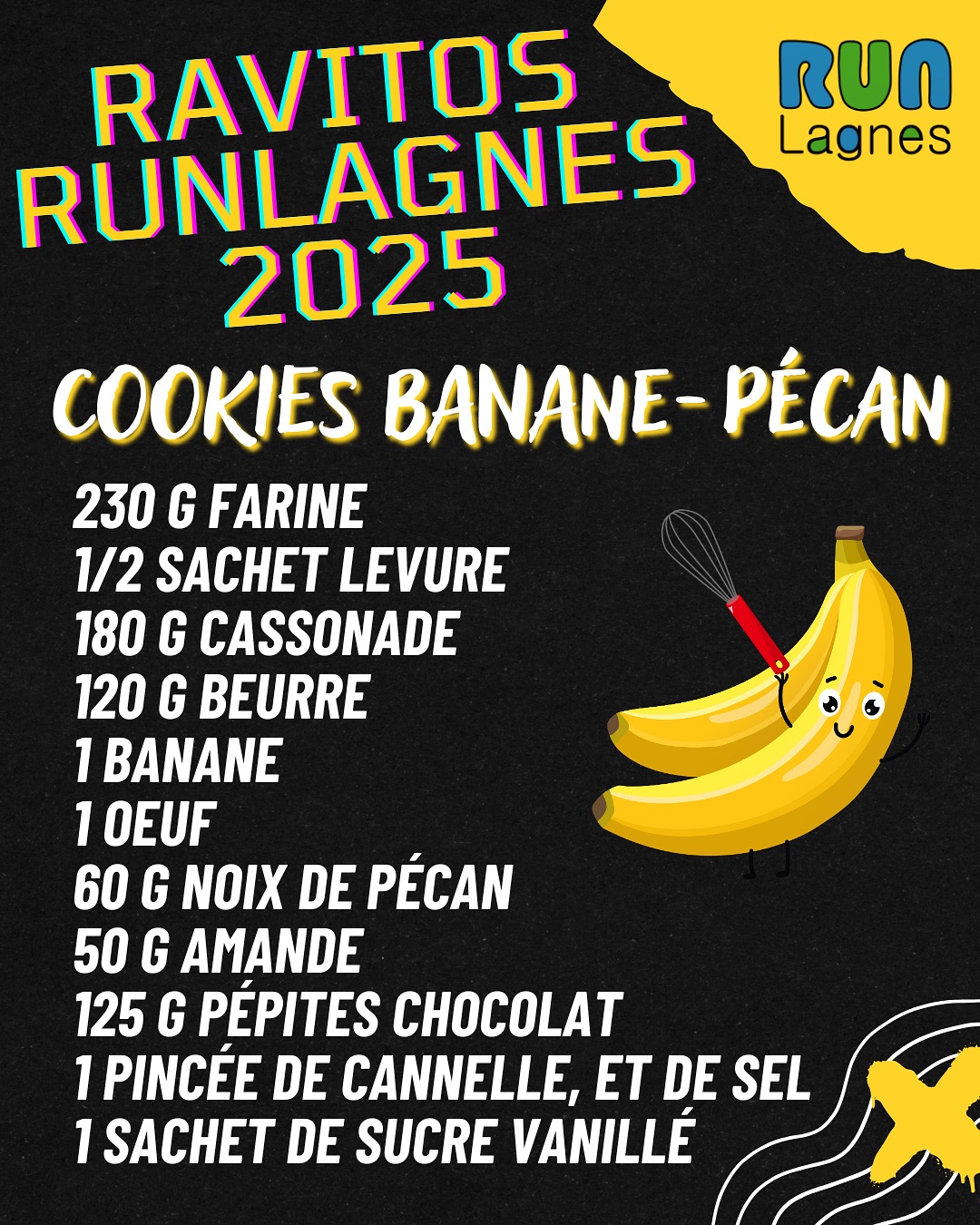 Alors? A une semaine du RunLagnes 2025, ça va les jambes?
Vous nous l’avez demandé, voici la recette des cookies que vous avez pu déguster sur nos ravitos et à l’arrivée.
Parce que nous, on sait recevoir!🤪