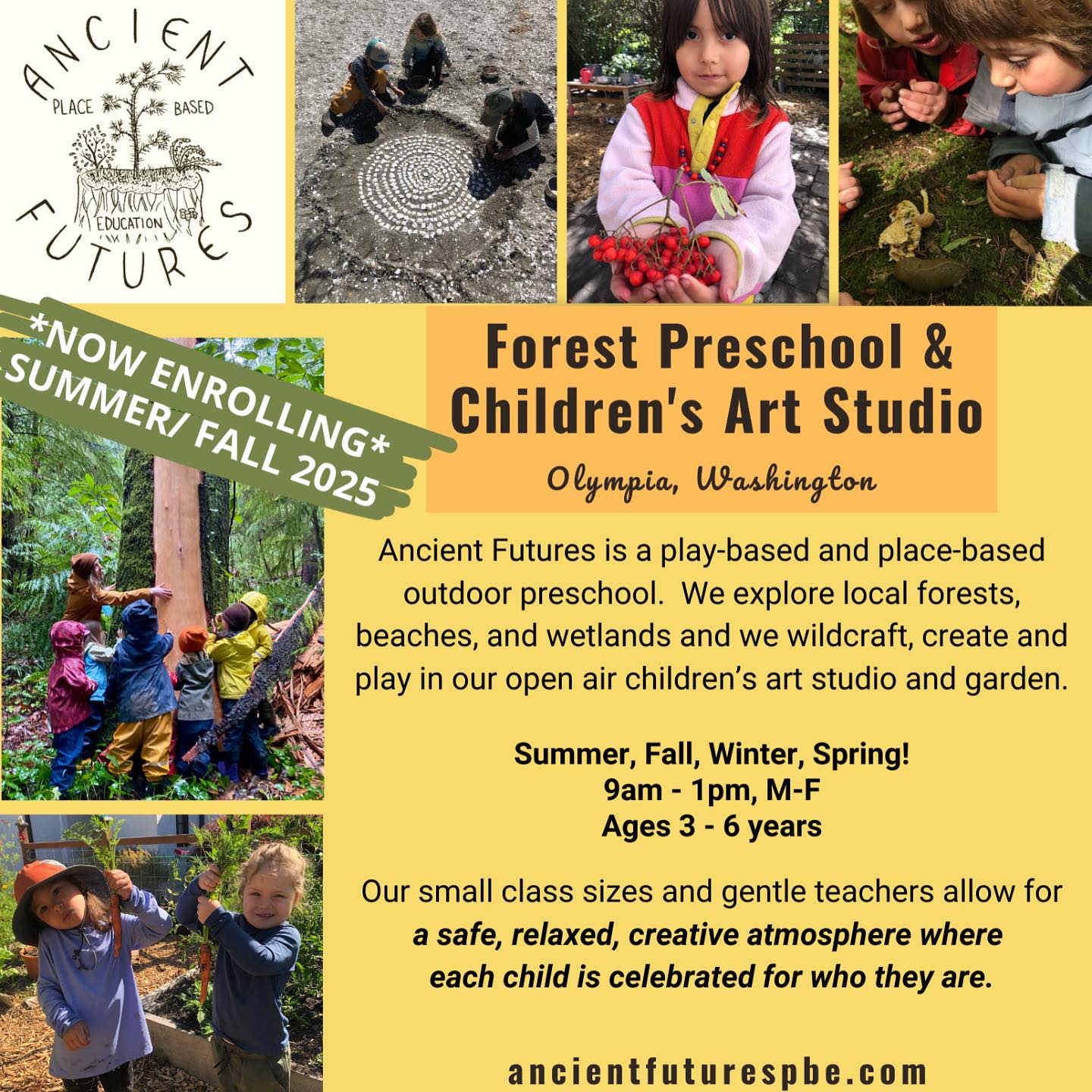 š£ Announcement! Ancient Futures is now enrolling for our two Summer Sessions and Fall quarter! Come and join us! And please feel free to share this post and spread the word! š
.
.
.
.
#forestschool #forestpreschool #childrensartstudio #childrensart #outdoors #outdoorkids #outdooreducation #outdoorlearning #optoutside #naturebasedlearning #learningthroughnature #wildschooling #rewildyourchild #classroomwithoutwalls #cedarsongway #placebasededucation #natureschool #natureplay #naturekids #pnwkids #pnwkids_washington #olympia #olympiapreschool #olympiawashington #pacificnorthwest #wildandfreechildren #interestledlearning #learnwiththeland #ancientfuturespbe