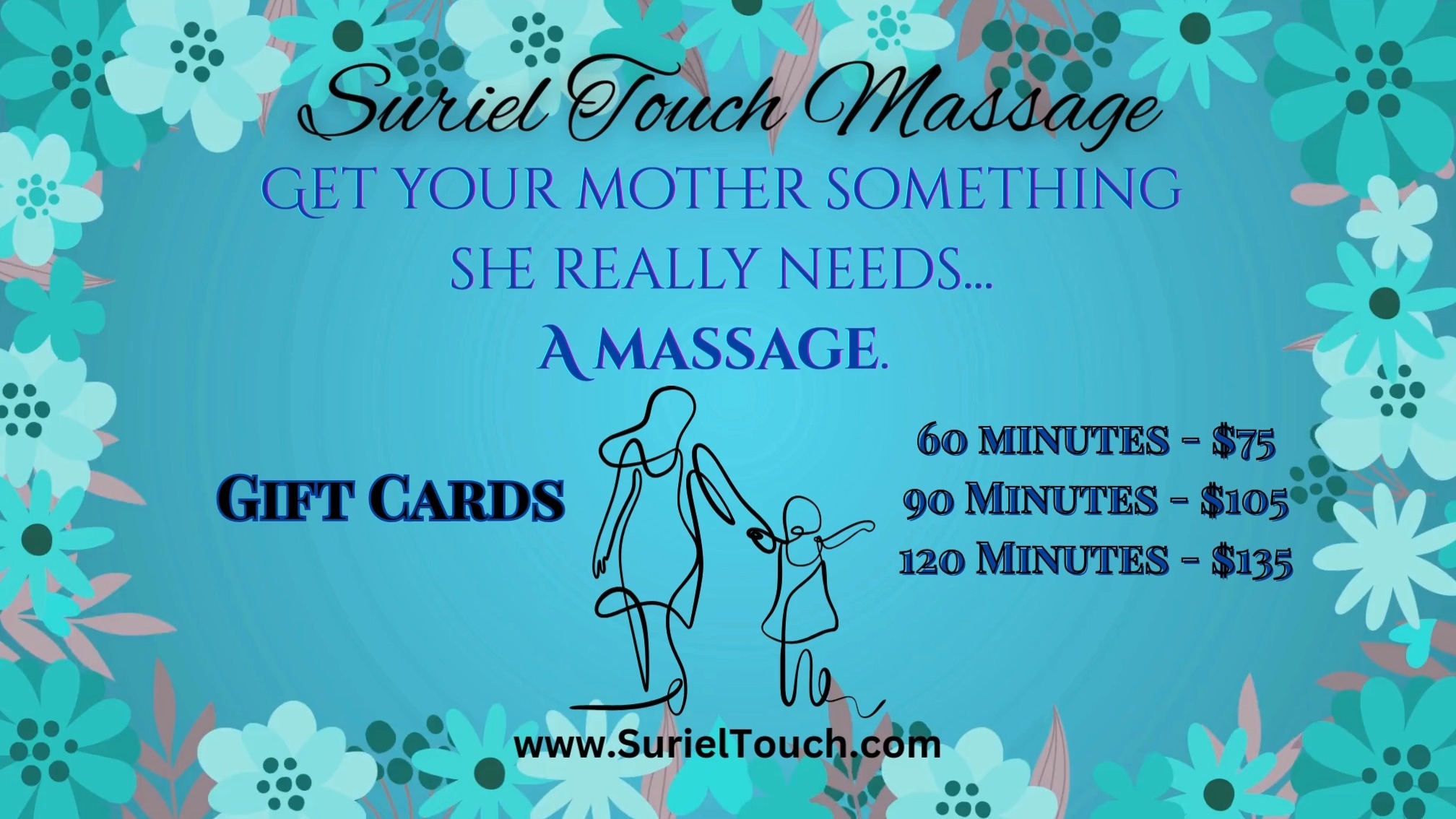Get mom something special for mother's day, relaxation. We will take good care of her here at Suriel Touch Massage. #mothersday #mothersdaygifts #mothersdaygiftideas