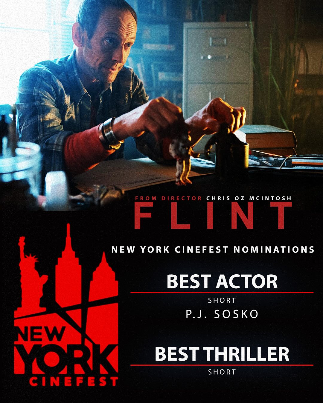 The FLINT crew is still buzzin’ after playing at the illustrious @NewYorkCineFest this past weekend, where we ended up getting nominated for both Best Actor AND Best Thriller! This time, our own @PJSosko headed out to represent, and what better place than his own native NYC, a couple blocks from where he grew up! 🤯🍎🌃 THANK YOU NYCF for an EXCELLENT east coast premiere! WE❤️NYC #indiefilm #okiefilm #cinema #nyc