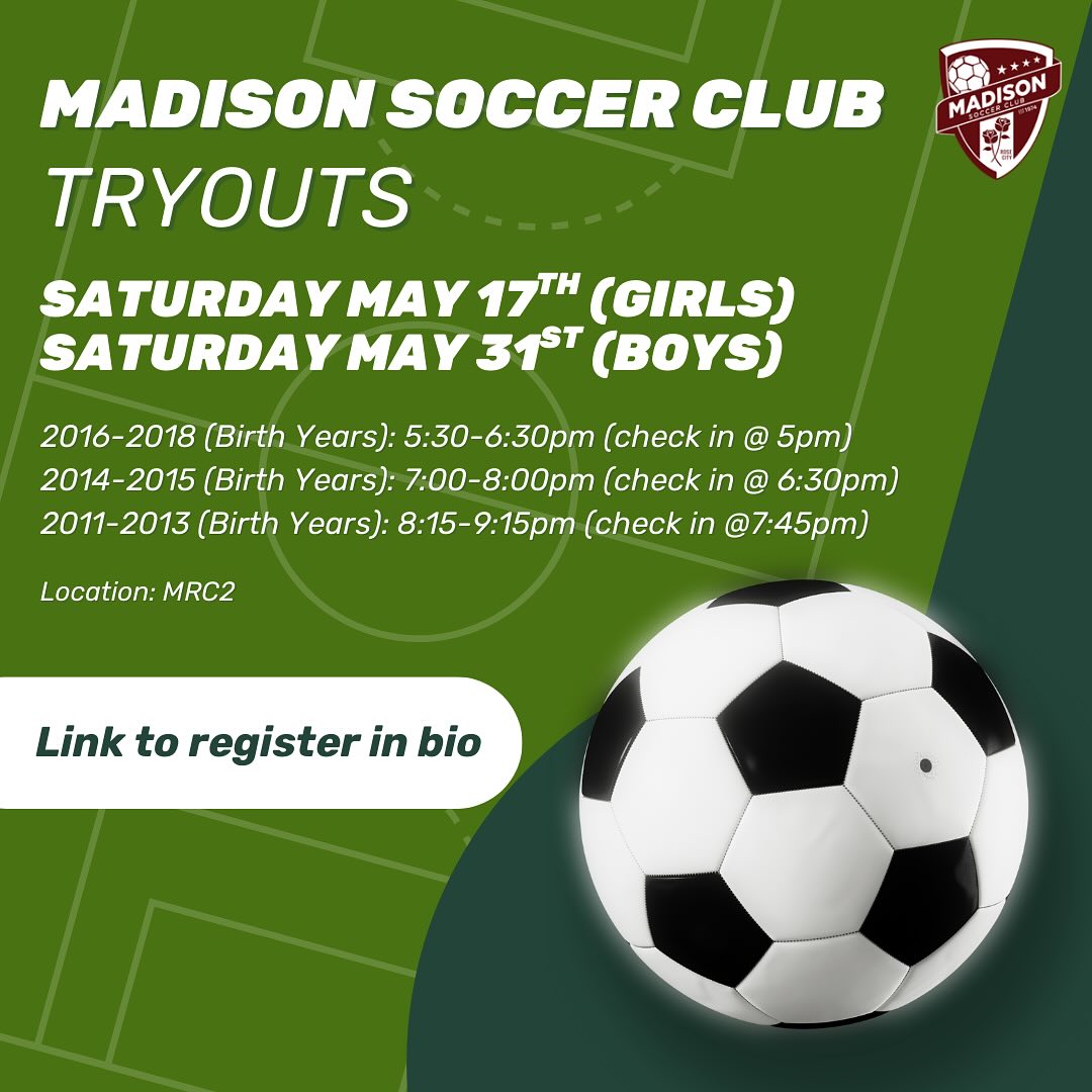 🚨Registration is now open for 2025-2026 Madison Soccer Club Tryouts!
✍️ Sign up now- link to register in bio!
