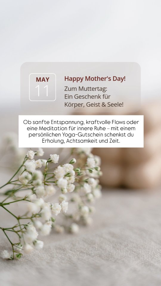 Unsere Angebote für den Muttertag:
🎁 Einzelstunde oder 10er-Block
🎁 Private Yoga-Session – ganz auf die eigenen Bedürfnisse abgestimmt
🎁 Entspannende Meditation oder Atemübungen für mehr Gelassenheit
🎁 Wellness-Yoga-Erlebnis für eine kleine Auszeit vom Alltag
💌 So bekommst du den Gutschein:
Melde dich direkt bei mir unter namaste@yogawellbeing.at
Schenke deiner Mutter das Wertvollste, was es gibt: Zeit für sich selbst.
Namaste & Happy Mother’s Day! 🌸🙏
#Muttertag #YogaGeschenk #DankeMama #Selfcare #Gutschein #Entspannung #ZeitFürDich #Achtsamkeit #yogawellbeing #Reithimalpbachtal #YogaInTirol #inbalance