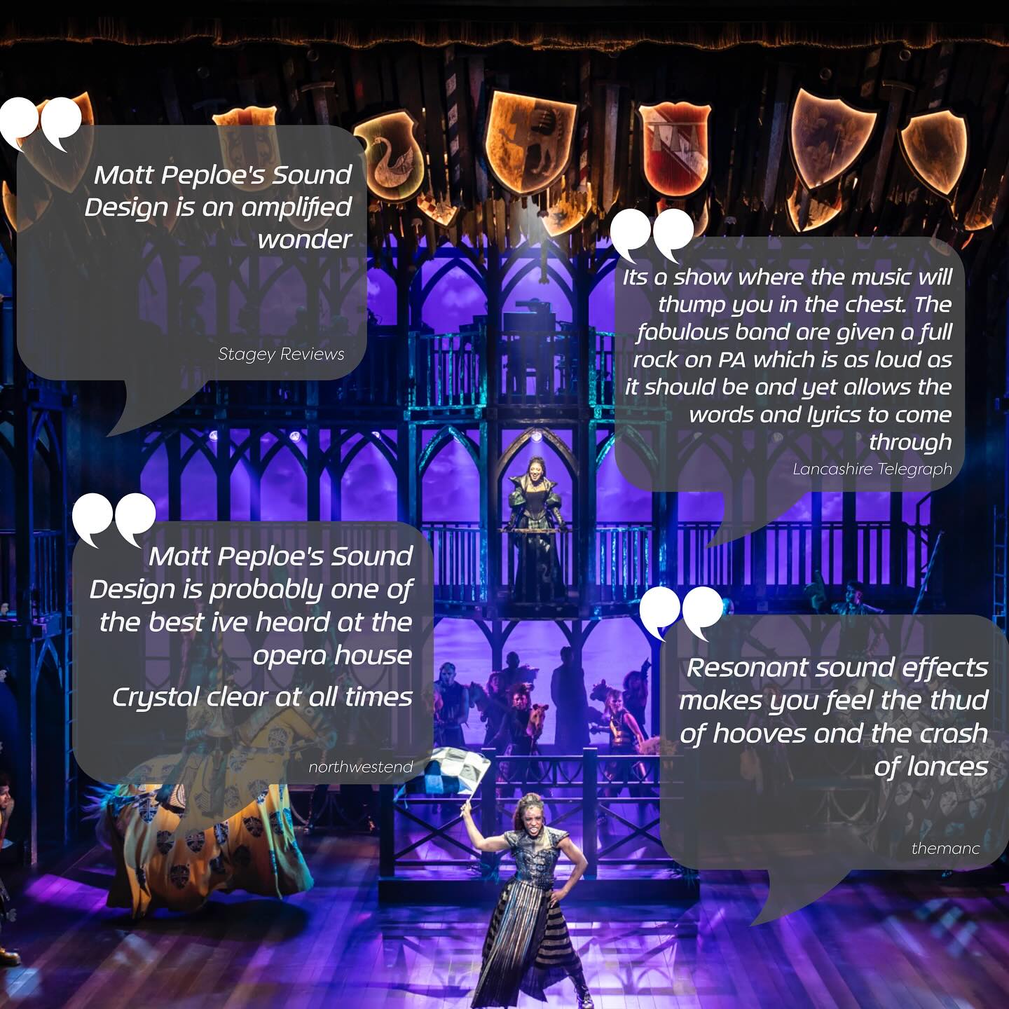 Some of our amazing mentions for team sound. What a Gala night for A Knights Tale with some incredible reviews. The shows a hit. Well done to all.
Please check this amazing show out before its final show on the 10th may.
@aknightstalemusical @runawayentertainmentuk @bronactitley @orbitalsoundtheatre @agentkathryn_ @palaceandopera #sounddesigner #sounddesign