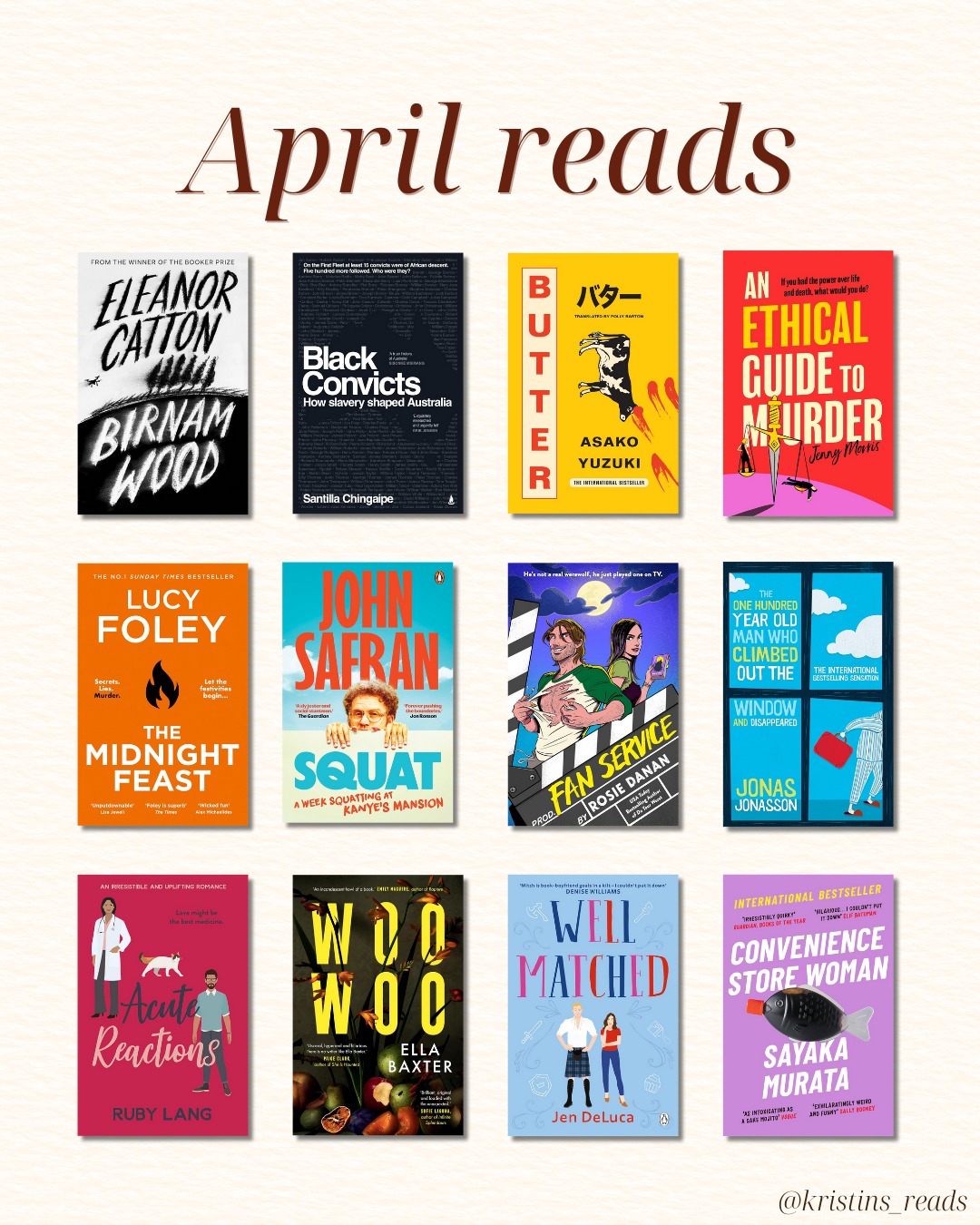 Lots of fiction read in Aprilāgoing on holidays means more thrillers, rom-coms, and mysteries than heavy nonfic.
One of my faves was definitely Birnam Wood, which I was approx 1000 years late to but found so compelling and sharp. It's set in a country New Zealand where a guerrilla gardening group gets tangled up with a shady billionaire.
Would love to hear what youāve been reading ā drop me your faves! Always chasing that next five-star read. šš¬
Fiction
š² Birnam Wood, by Eleanor Catton
š§ Butter, by Asako Yuzuki
šŖ An Ethical Guide to Murder, by Jenny Morris
š The Midnight Feast, by Lucy Foley
š„ Fan Service, by Rosie Danan
šŖ The One Hundred Year Old Man Who Climbed Out the Window and Disappeared, by Jonas Jonasson
𩺠Acute Reactions, by Ruby Lang
š Woo Woo, by Ella Baxter
ā„ļø Well Matched, by Jen DeLuca
šŖ Convenience Store Woman, by Sayaka Murata
Non-Fiction
š¤ Black Convicts: How Slavery Shaped Australia, by Santilla Chingaipe
šļø Squat: A Week Squatting at Kanyeās Mansion, by John Safran