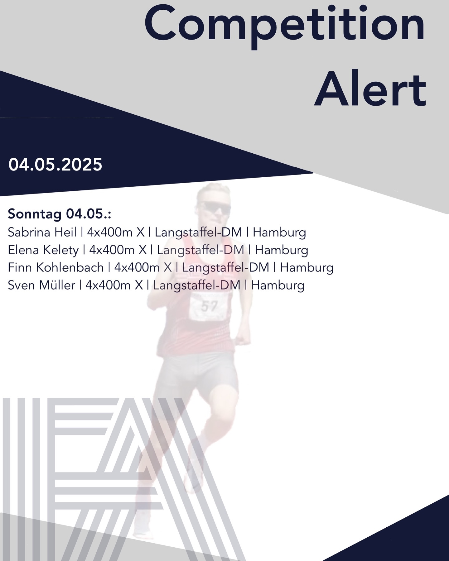 Dieses Wochenende starten 4️⃣ unserer Athleten in die Freiluftsaison und das gemeinsam als Mixed Staffel bei den Deutschen Langstaffel-Meisterschaften in Hamburg.
🙌
Ihr könnt den Lauf am Sonntag um 14:45 im Livestream verfolgen: https://www.youtube.com/live/_JbGpTuOLKo?si=0Cvlf-D0WRPkA3MF
Wir wünschen viel Erfolg und einen guten Einstieg in die Saison 2025 💯🔥!
#frankfurtathletics #germanyathletics #fa #faster #higher #further