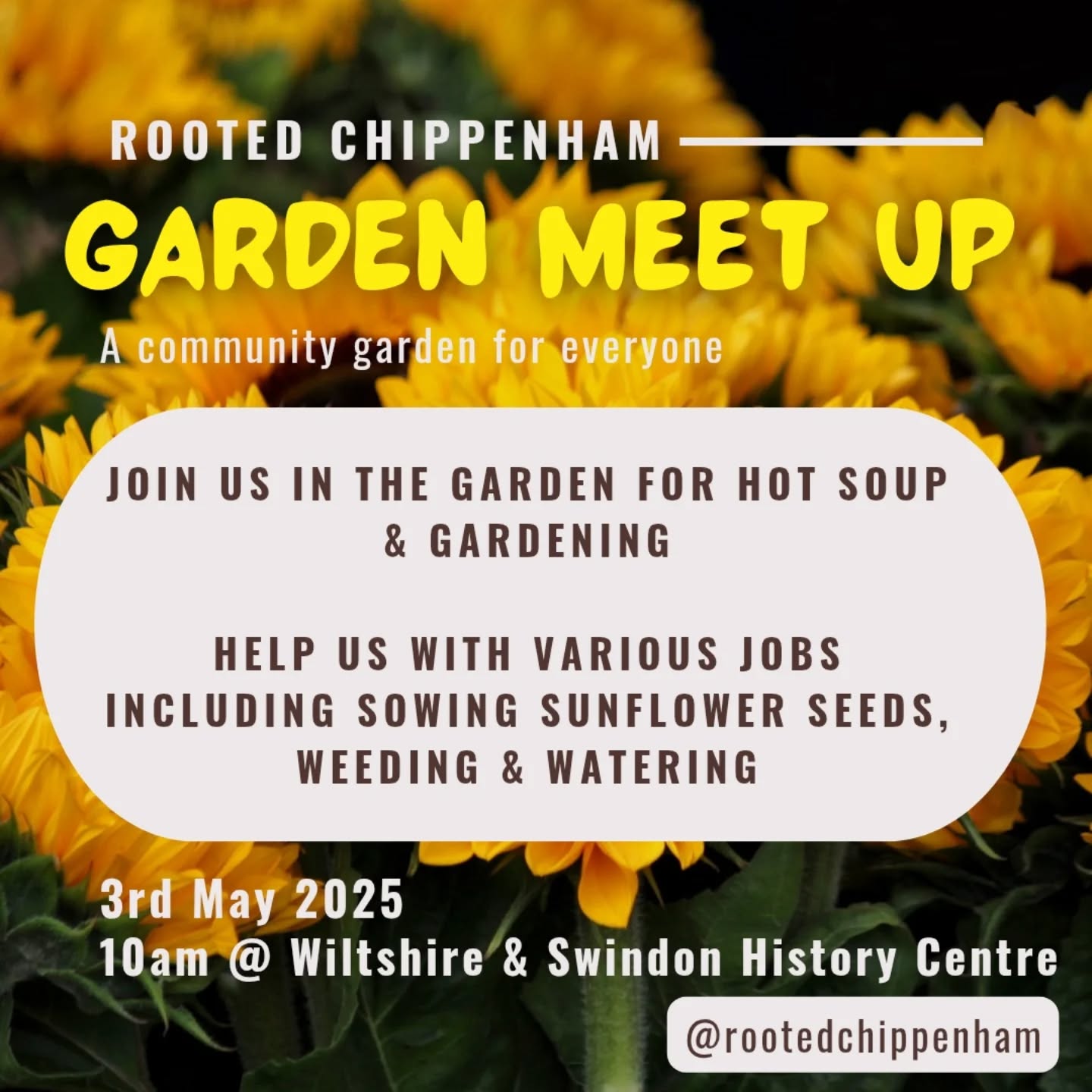 This Saturday 3rd May at 10am
All ages* & experience welcome, no forms to fill in. Just turn up in gardening clothes and gloves if you have them!
Join us in looking after the garden, socialise and enjoy the outdoors 🌞
*Children must be supervised at all times by parent or responsible adult
#chippenham #communitylunch #communitygardening