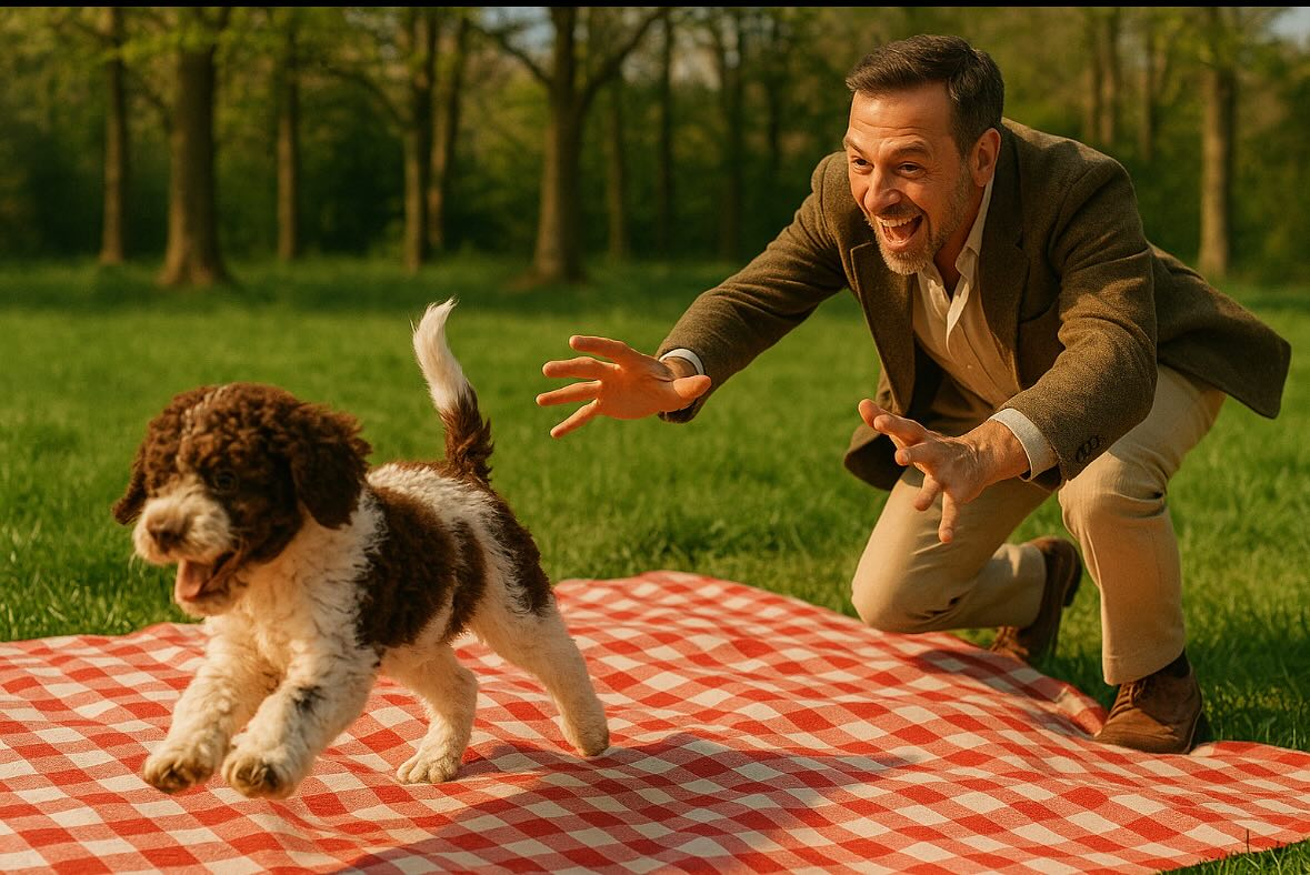 The puppy’s idea of ending a picnic? Full-speed zoomies, grass in his mouth, and absolutely no interest in being caught.
The man, dressed perfectly in tweed, does his best to keep up — but the pup isn’t one to be impressed by fine fabrics.
A joyful chase. A proper laugh.
Green Gentz – timeless style for a slower pace of life. #preloved #secondhand #tweed AI picture