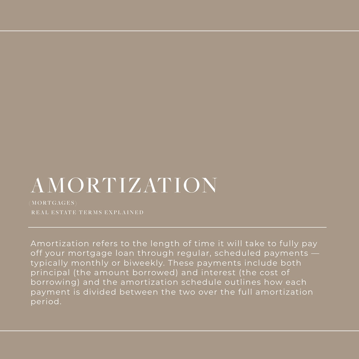 Now that you’ve gotten a refresher on the meaning on Amortization, let’s go into some key factors to keep in mind! 🔑
▪️Length Affects Payment Size
A shorter amortization means higher payments, but you’ll pay off the mortgage faster and with less interest applied overall.
A longer amortization means lower monthly payments (woo!) but more interest applied over time (boo!).
PRO TIP: you can get a longer amortization period, allowing you to be obligated to lower monthly payments, and make an additional mortgage payment each year (or more!) to reduce your overall interest and get the best of both worlds!
▪️Amortization Schedules Aren’t Linear
With each payment, some of the funds are applied to the principal and some applied to the interest. Interest is typically front loaded, meaning a larger portion of your payments at the beginning will be applied to interest. Over time with each payment this shifts with more being applied to the principal portion.
▪️Insured Mortgage Rules
If your down payment is less than 20% you may experience restrictions. Maximum amortization with insured mortgages like these are typically 25 years.
▪️Amortization vs Mortgage Terms
A mortgage term is how long you are locked into a rate and lender (ex. “5 year fixed” “3 year variable”).
The Amortization period is the total life of the loan. This means you can experience multiple terms during the amortization lifespan.
Have any questions on how this affects your affordability as a buyer? Shoot me a DM!
Rebecca Karalash | Realtor®
📱 204-688-6406
🌍 www.rebeccakaralash.com
.
.
.
#winnipegrealtor #winnipegrealestate #realestateagent #winnipegrealestateagent #homebuyingtips #firsttimehomebuyer #buyers #interestrates #bankofcanada