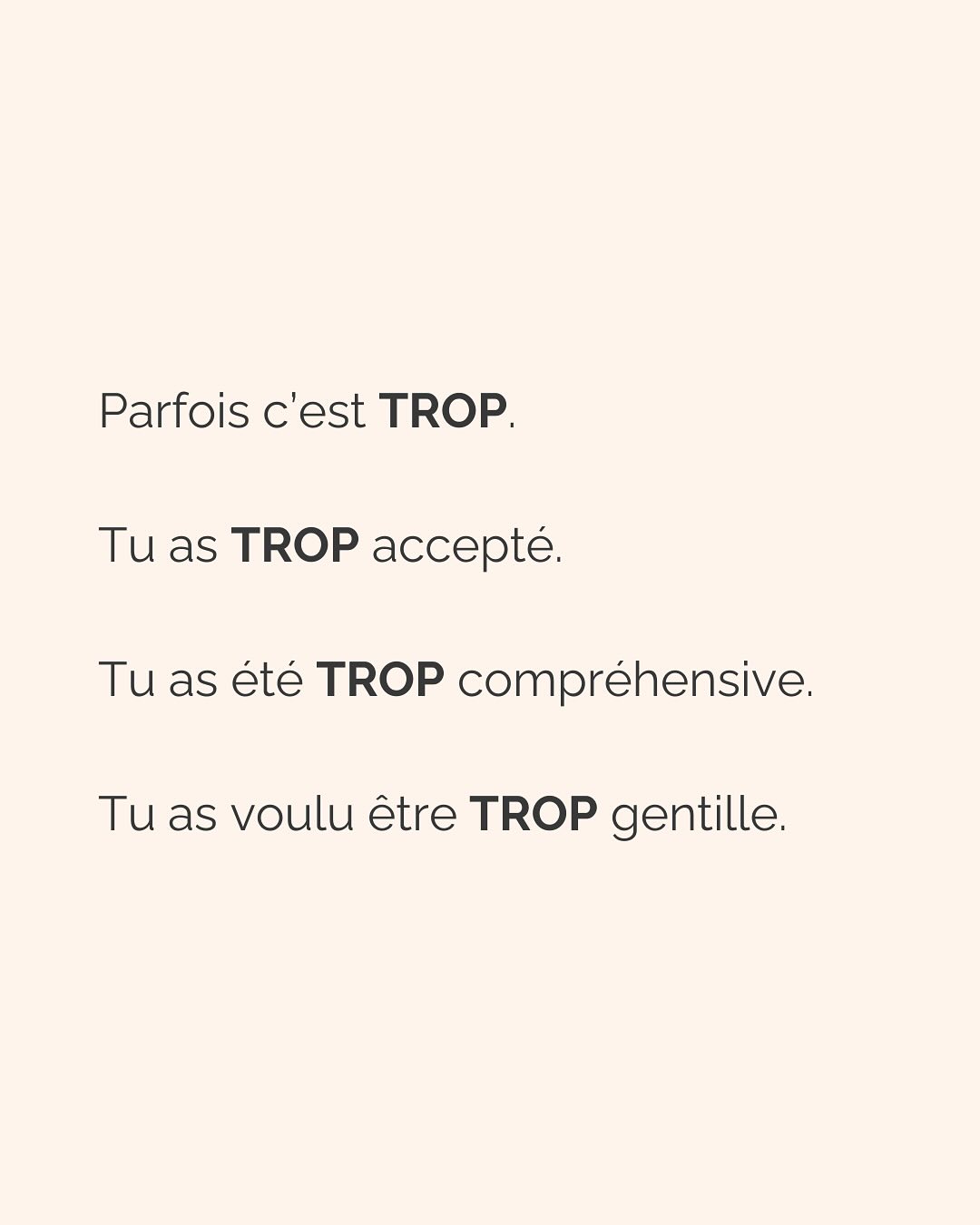 On excuse par peur, on pardonne par amour.
Je m’explique.
Excuser est une manière de mettre un bon gros voile opaque sur des comportements qui nous font du mal, mais dont on a appris à s’accommoder parce que pour notre cerveau, être mal traité.s c’est déjà mieux que d’être seuls et ignorés.
C’est la raison pour laquelle excuser alimente notre anxiété. Parce que notre besoin d’attachement sécure n’est pas comblé, mais que nous pouvons en donner l’illusion à notre cerveau quand nous essayons de maintenir le lien à l’autre (à travers la compréhension, l’empathie, l’écoute ET l’excuse). En somme, même si l’autre nous fait subir le pire, on a besoin de maintenir le lien à lui. L’excuser en est un.
Autrement dit, excuser est le résultat d’une réaction émotionnelle à un trauma.
Encore dit autrement, vous excusez pour vous protéger. C’est un mécanisme de défense normal donc pas la peine de vous mettre la rate au court-bouillon…
Pardonner, en revanche, c’est apaiser son coeur. C’est faire la paix avec ce qu’on a vécu.
C’est se délester de la colère légitime qu’on ressent après avoir été blessés.
C’est p**ain de difficile, mais jamais impossible. Et ça se traite hyper bien en thérapie ;)
Excuser vous maintient dans la relation toxique, pardonner vous en libère.
Parce qu’on excuse pour l’autre, et on pardonne pour soi.
————————————————————————
Je suis Emilie, thérapeute & coach diplômée spécialisée dans la dépendance affective.
J’aide les femmes qui souffrent de schémas toxiques répétitifs à aimer sereinement et librement, sans plus jamais s’oublier.
Tu cherches du contenu gratuit pour t’aider ? Rdv sur mon lien en bio pour y accéder.
Attention, il ne reste que quelques jours avant que le premier entretien avec moi devienne payant. Prends rdv maintenant (lien en bio).
#dependanceaffective #manipulation#relationtoxique#addiction#dependance#peurs#blessuredabandon#rupture#couple#hypersensibilité #emotions #gestionemotions #hypersensibles #abandon #perversnarcissique #depression #blessuredelame #selflove #amourdesoi #tinder#date#rencontre #angoisse#solitude #lovecoach #pn #devperso #amourdesoi