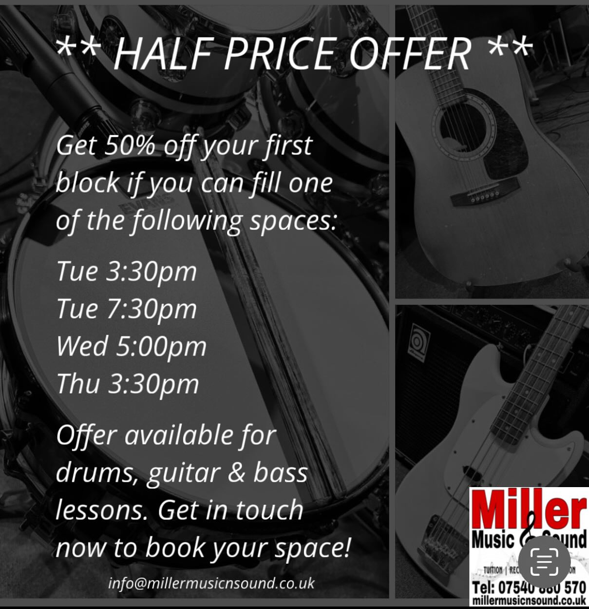 Check out the website for more info and prices or get in touch now! (Link in bio)
#millermusic #lessons #halfprice #offer #drumlessons #guitarlessons #basslessons #musictuition #learning #musiceducation #paisley #renfrewshire