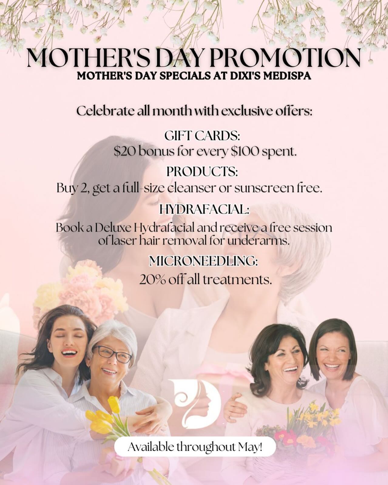 🌸 Celebrate Mother’s Day at Dixi’s MediSpa! Enjoy a $20 bonus on gift cards, free products with purchases, a complimentary laser hair removal session with a Deluxe Hydrafacial, and 20% off microneedling.
Available throughout May! .
#MothersDay #DixisMediSpa #mayspecial