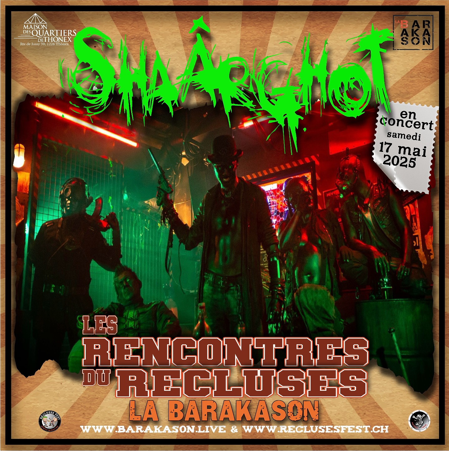 Shaârghot en concert le 17 mai 2025 à @labarakasonthonex
Billetterie 👉 https://www.barakason.live/
Projet français de metal industriel, Shaârghot propose un univers post-apocalyptique avec des performances scéniques théâtrales et une musique agressive. Leurs concerts sont de véritables spectacles immersifs.