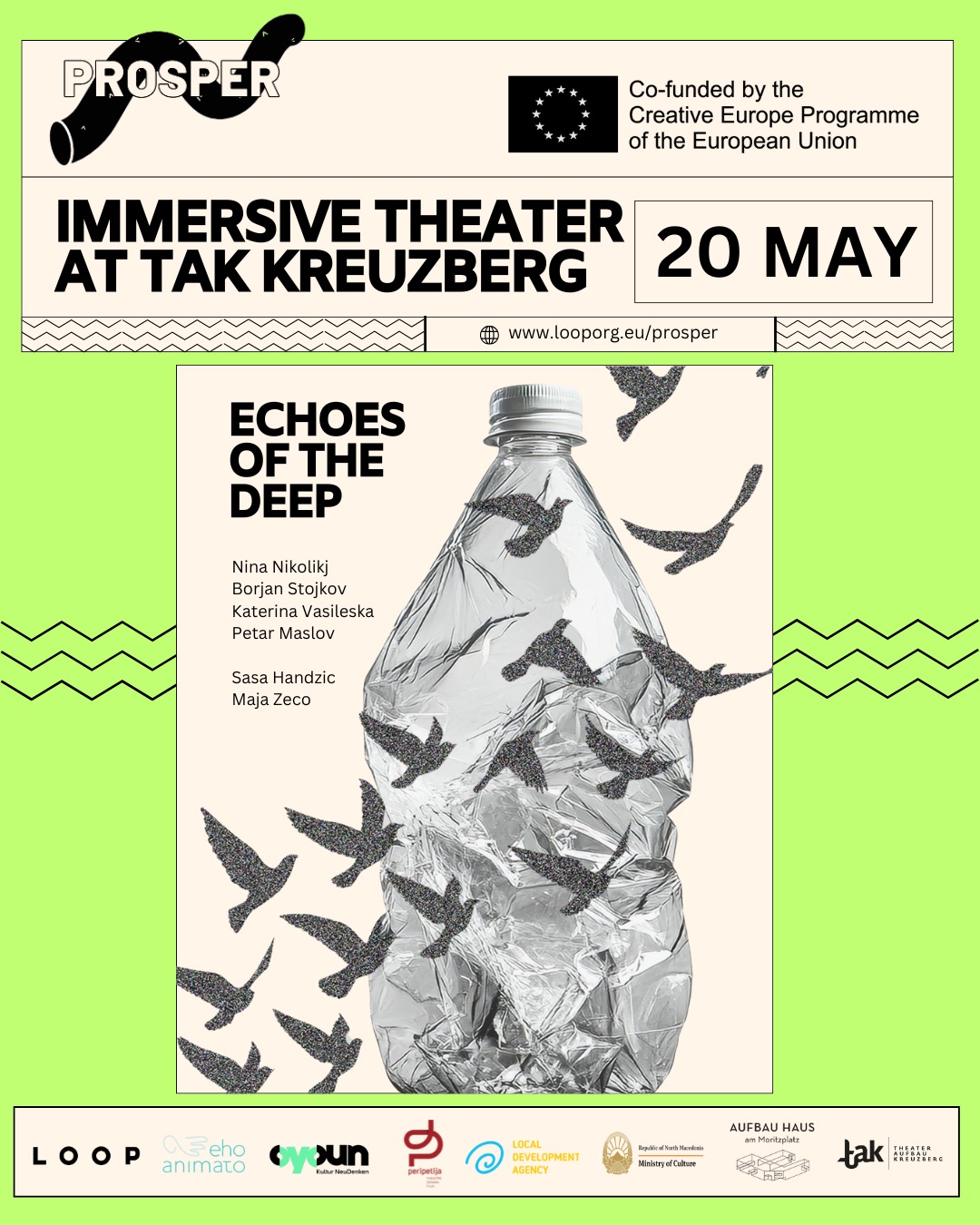 As the PROSPER project comes to its final culmination, we are overjoyed to present you with two performances taking place at TAK in Berlin, based on the residences that took place over the course of the past two years.
Echoes of the Deep is an original immersive theatre project inspired by the rich history, myths, and ecosystem of Lake Ohrid. This site-specific experience will transport audiences into the hidden, underwater world of the lake, exploring its untold stories through a unique sensory and theatrical journey.
Three actors will guide spectators through an evocative exploration of space, time, and the mysteries beneath the surface. Designed as an intimate experience, each performance will last approximately 30 minutes and will be limited to a small number of participants per session to maintain an immersive atmosphere. To ensure accessibility for all interested audiences, the performance will be repeated multiple times.
Date: May 20
Time: 4-8pm, 2 slots per hour, each session 30 minutes
Location: TAK, Prinzenstraße 85 F, Kreuzberg, Berlin, Germany 10969