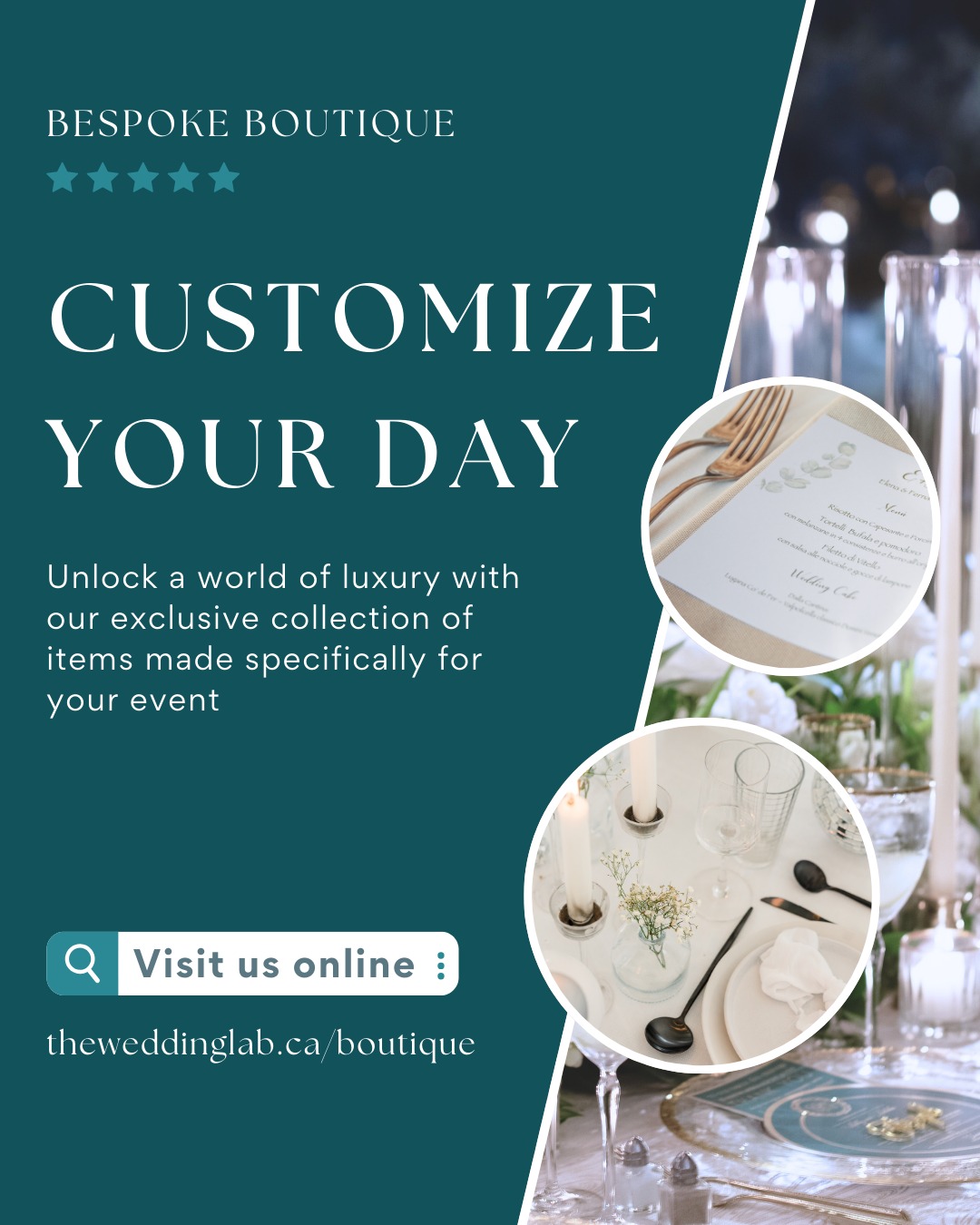✨Customize your day, your way✨
From elegant tablescapes to refined stationery, our Bespoke Boutique is your destination for exclusive pieces designed to elevate your event. Whether you're dreaming of modern minimalism or timeless romance, we’ve got the details covered.
🔍 Explore the collection: theweddinglab.ca/boutique
theweddinglab.ca | theweddinglabcanada@gmail.com | or through our DMs