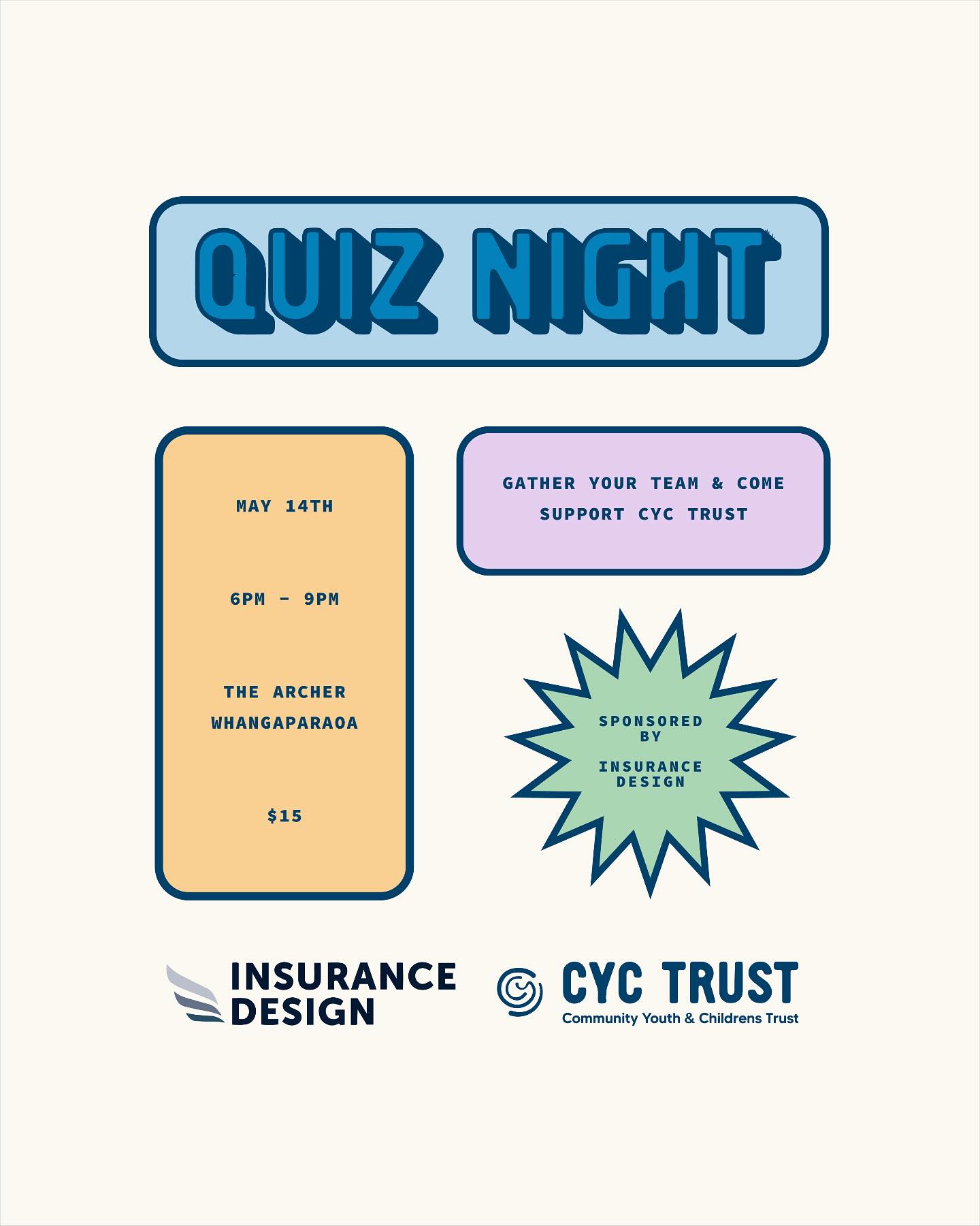 The CYC quiz night is back! Sponsored by Insurance Design 💫
Gather your team & book in through our website! We would love to see you there 🩵