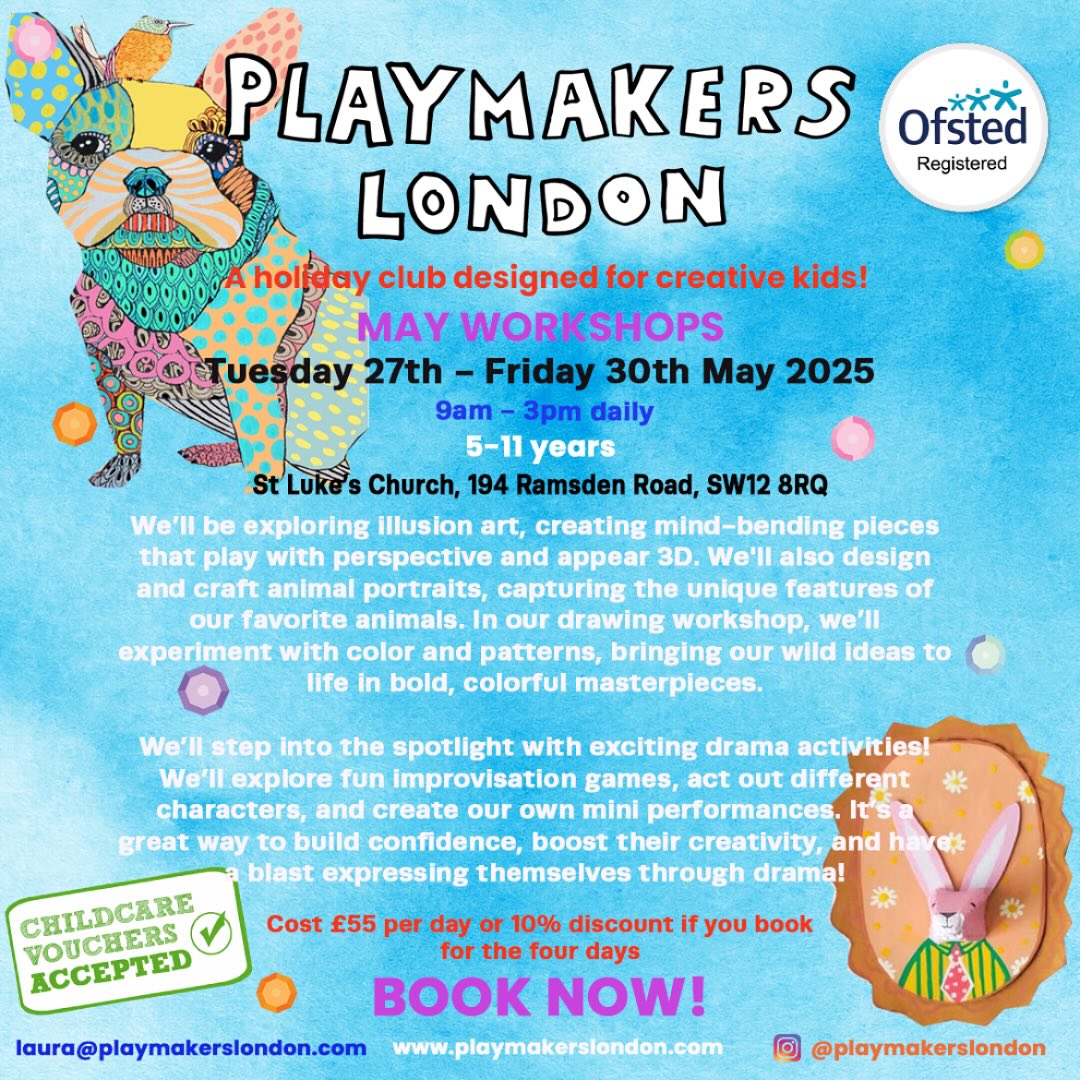Get ready to unlock your creativity and step into a world of imagination at our workshops, running 27th–30th May! We’ve packed this week with hands-on, high-energy activities that will inspire and excite young minds.
Spaces are limited – book now to secure your spot! Childcare vouchers are welcome!
Email Laura at laura@playmakerslondon.com 🎉🥳