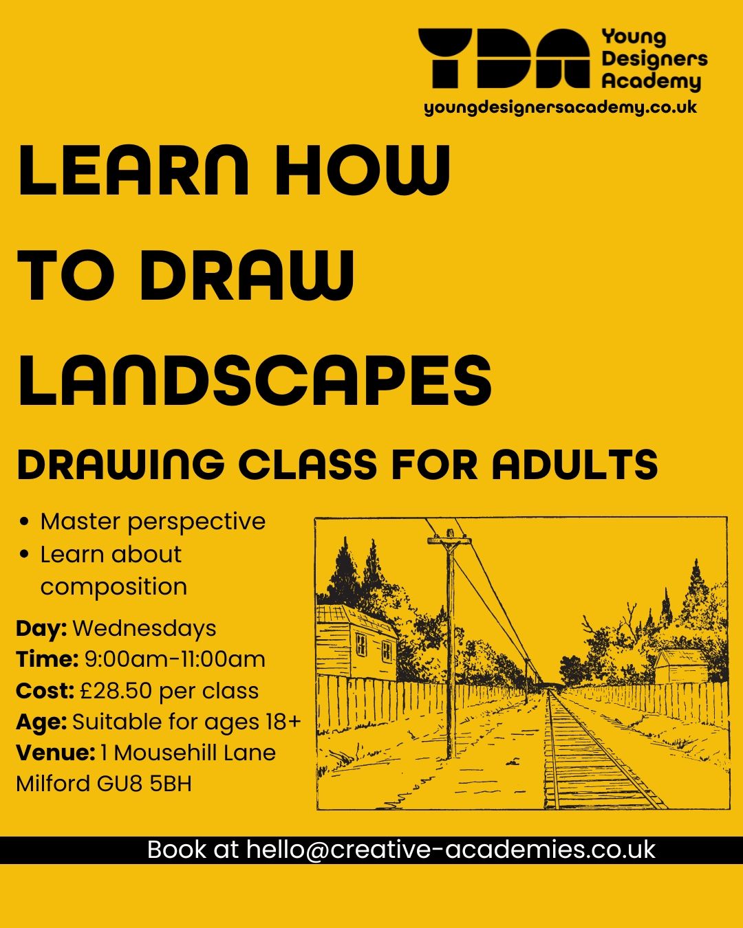 Join us for an adults-only drawing class where you’ll master the art of landscapes! 🌿🏔️ Learn how to bring depth and dimension to your work by perfecting perspective, composition, and technique—all in a relaxed, inspiring setting.
No matter your skill level, this class will help you see and draw the world in a whole new way! 🖌️ Secure your spot now! #DrawWithUs #LandscapeArt #PerspectiveMastery
#godalmingmums #godalming
#guildford #artclass #milford #surrey #hampshire