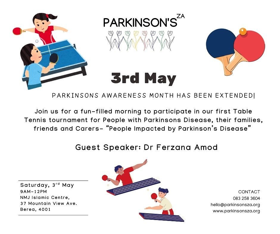 Join us on 3rd May for our very first Table Tennis Tournament hosted by Parkinsonās ZA ā a morning of fun, connection, and community for People Impacted by Parkinsonās Disease: patients, families, friends, and carers!
Special Guest Speaker: Dr Ferzana Amod
Time: 9AMā12PM
Venue: NMJ Islamic Centre, Berea, Durban
Come smash some serves, make memories, and celebrate Parkinsonās Awareness Month (now extended!).
Tag someone who needs to be there!
#ParkinsonsZA #ParkinsonsAwareness #TableTennisForACause #ParkinsonsSupport #CommunityMatters #DurbanEvents