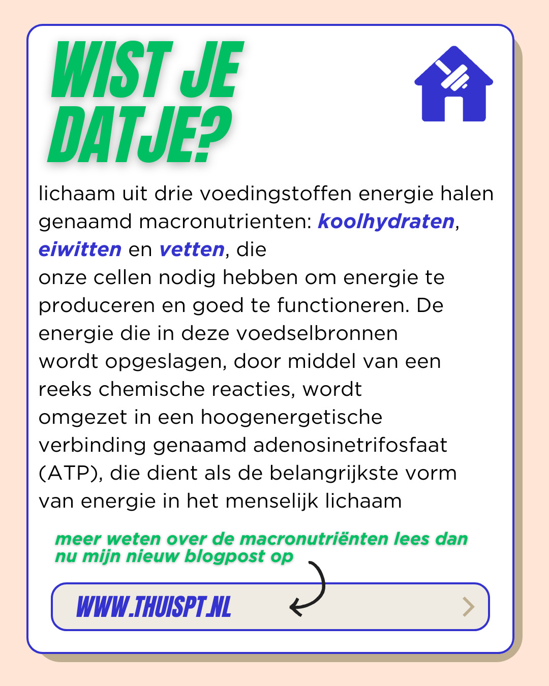 ik zeg DRIE macronutriënten maar wist je dat alcohol ook een macro ''nutrient'' is. Je lichaam haalt er 7 calorieën per gram uit. Daarom is het erg makkelijk om van alcoholische dranken aan te komen en dan zit er vaak ook nog eens veel suiker in 🥴
Meer weten over macro's lees dan mijn nieuwe blogpost https://www.thuispt.nl/blog