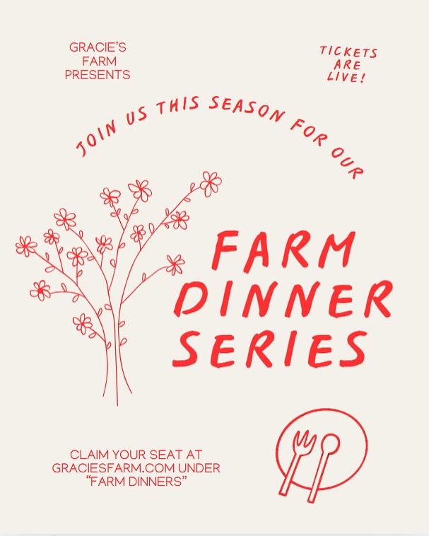 “We are excited to continue this dinner series, which has become a mainstay of this community. A common ground to slow down and share a meal. A way to connect with each other and the land in a harmonious evening of food, music, laughter and nature. Tickets are available now, and we hope to share all of them with many of you.”
-Lynsey Gammon
To purchase a ticket, follow the link in our bio to our website labeled “Farm Dinner Series” (under Visit the Farm)
