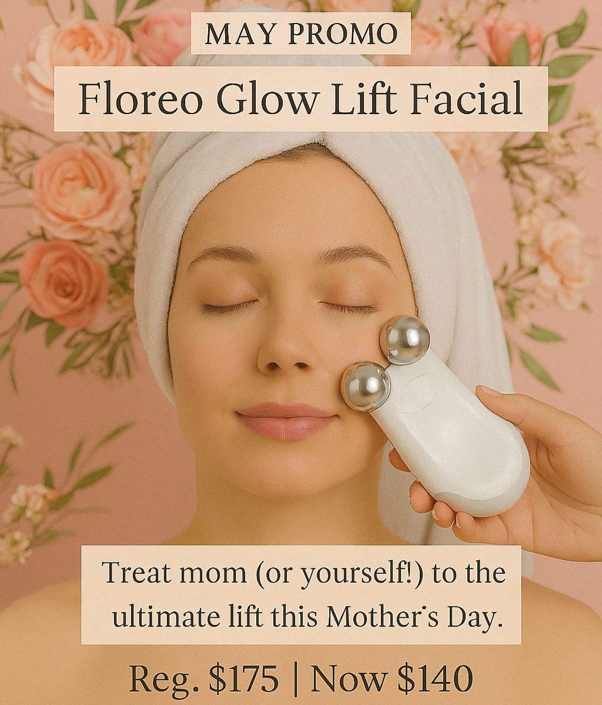 May Promo 🌸
Floreo Glow Lift Facial
This luxurious facial is designed to visibly tone, refresh, and revitalize your skin just in time for Mother’s Day. The Glow Lift begins with a double cleanse followed by a gentle 4 fruit enzyme exfoliation to reveal a radiant complexion. While your skin is renewed, you’ll melt into a relaxing acupressure and facial massage to boost circulation and release tension. The signature NuFace Trinity+Pro microcurrent treatment delivers a natural lifted glow and the experience is completed with a deeply hydrating collagen sheet mask.
Perfect before a night out or as a much needed self care pick me. $140 (Reg. $170)
#facials #skincare #mothersday #Relax