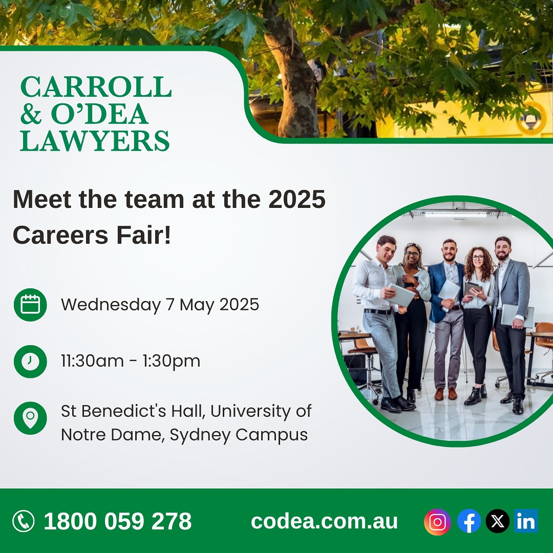 We are excited to share that one of our sponsors Carroll & O’Dea Lawyers will be at our upcoming Careers Fair next Wednesday!!
Use this opportunity to meet some of the amazing Carroll & O’Dea team, ask questions and gain insight into life as a lawyer 📚
To register please see the link in our bio
We can’t wait to see you all there! ✨