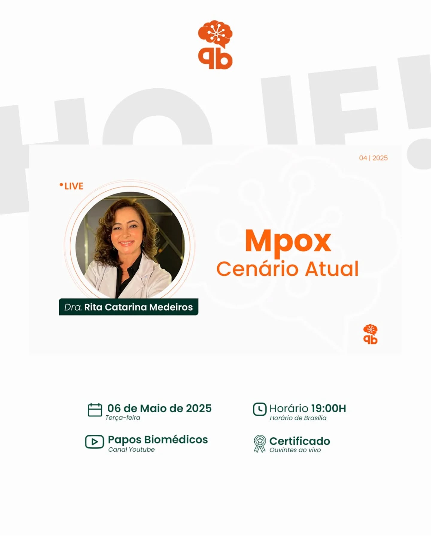 É hoje nossa Live com a Dra Rita Medeiros! Vamos bater um papo sobre o cenário atual da Mpox, um tema cada vez mais em alta. Venha tirar suas dúvidas e receber atualizações sobre a doença.
Aguardamos sua presença!
Link disponível na Bio.
✏️ Certificado para ouvintes ao vivo.
.
.
.
#PaposBiomédicos #Mpox #SaúdePública #VigilânciaEpidemiológica #Pará #LiveCientífica #AtualizaçãoProfissional #Biomedicina #ciênciaemfoco